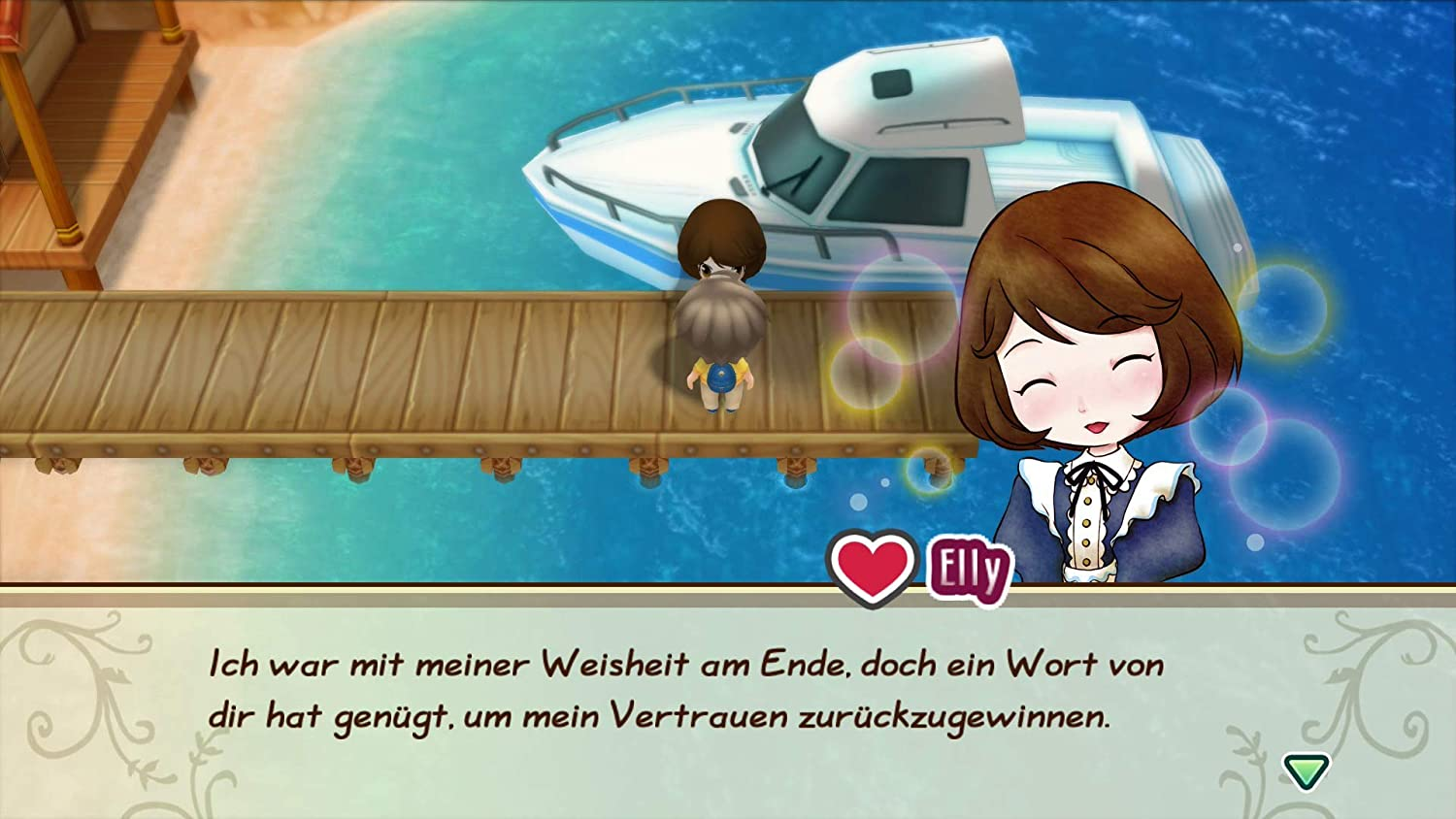 Anime-Figur Elly auf einem Pier, mit einem Boot und Ozean dahinter.