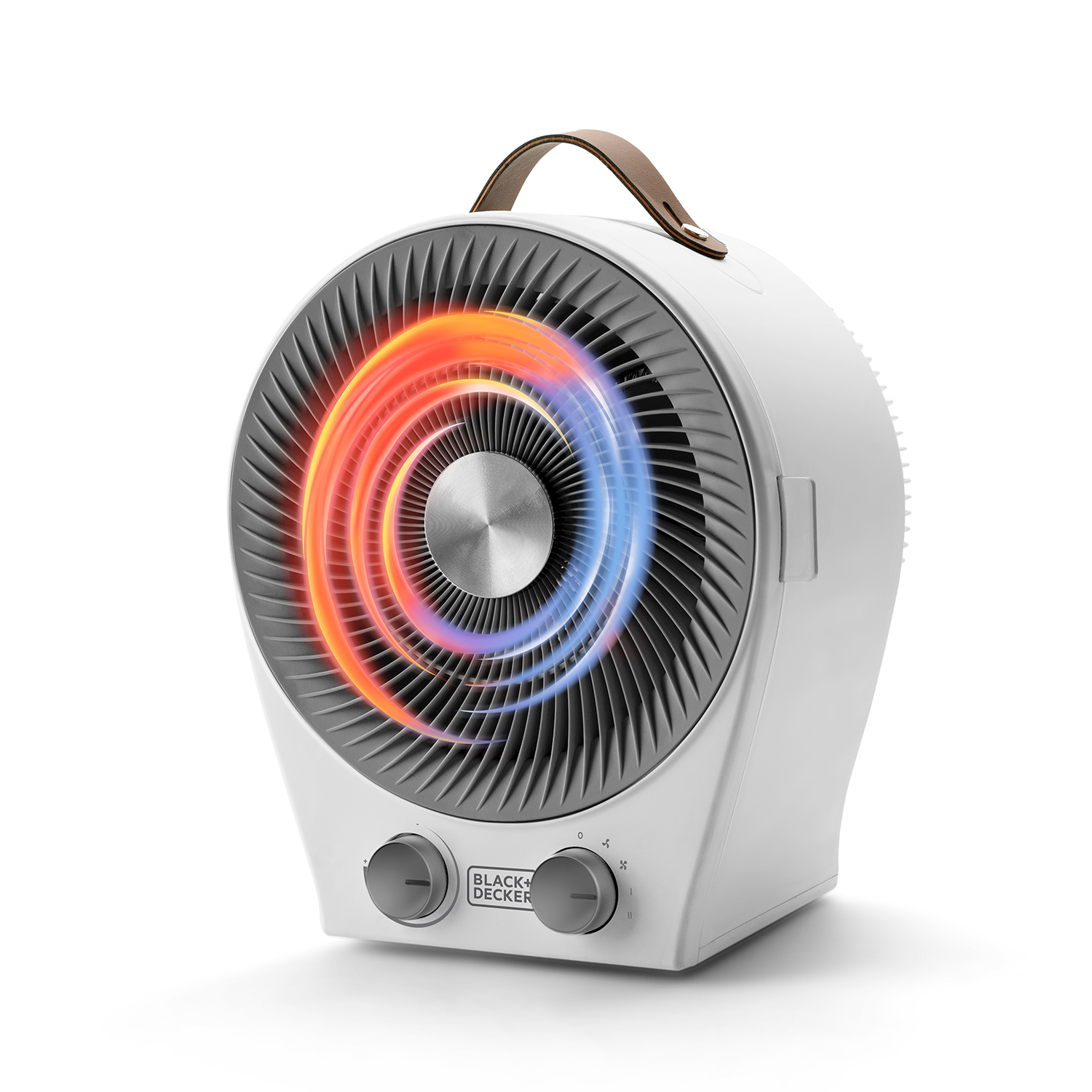 Biały grzejnik z brązowym uchwytem, pokazujący czerwone i niebieskie wzory ciepła.