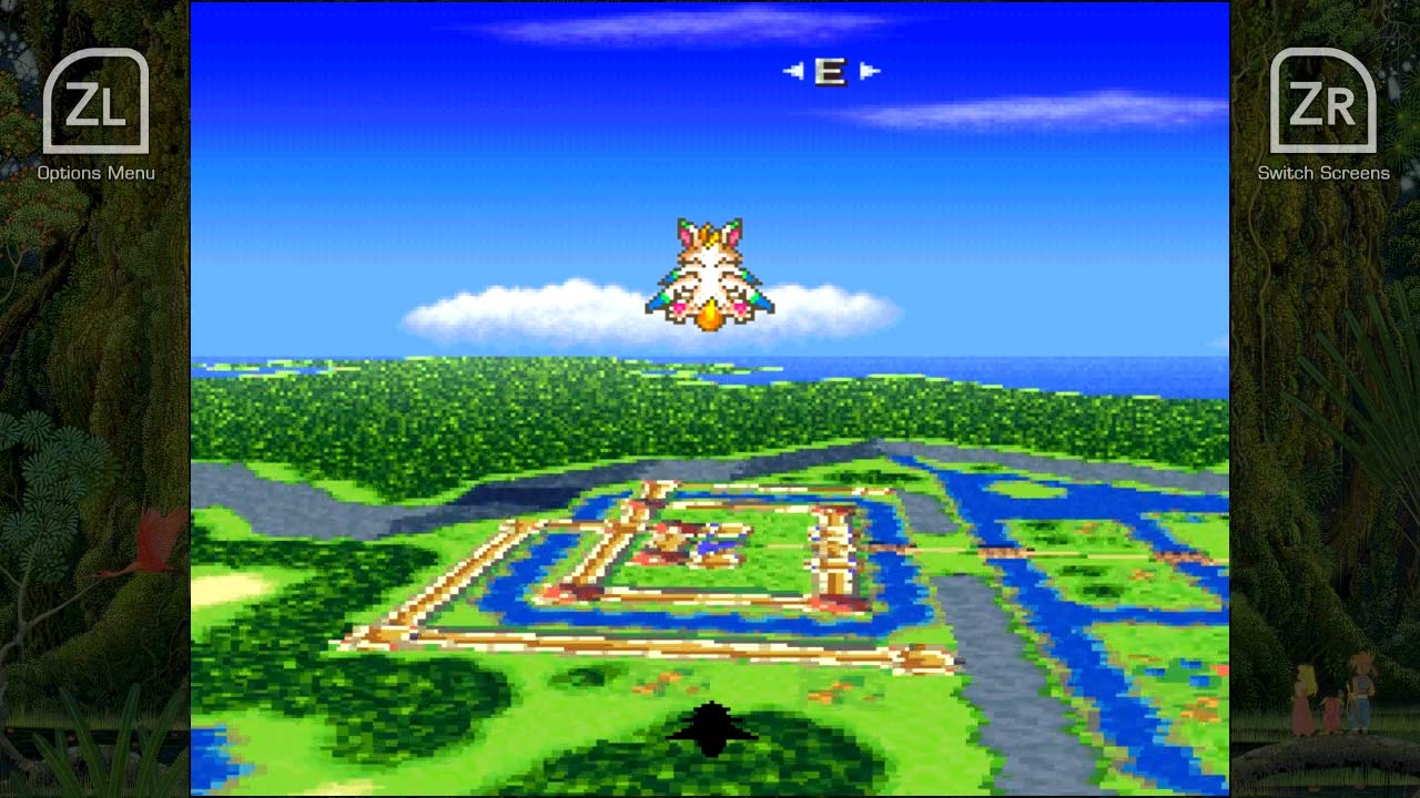 Una scena di videogioco con un personaggio volante su un paesaggio.