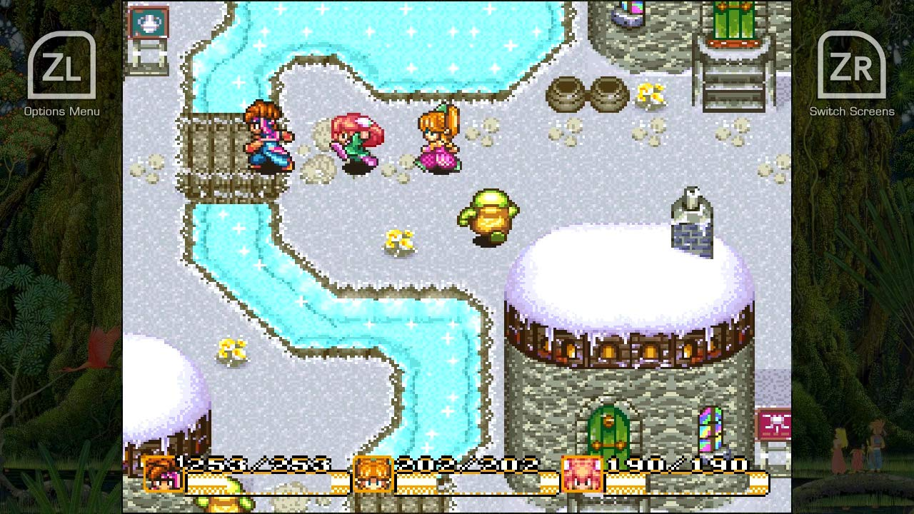 Scena di videogioco pixelata con personaggi in un paesaggio innevato e un fiume. Vista dall'alto.