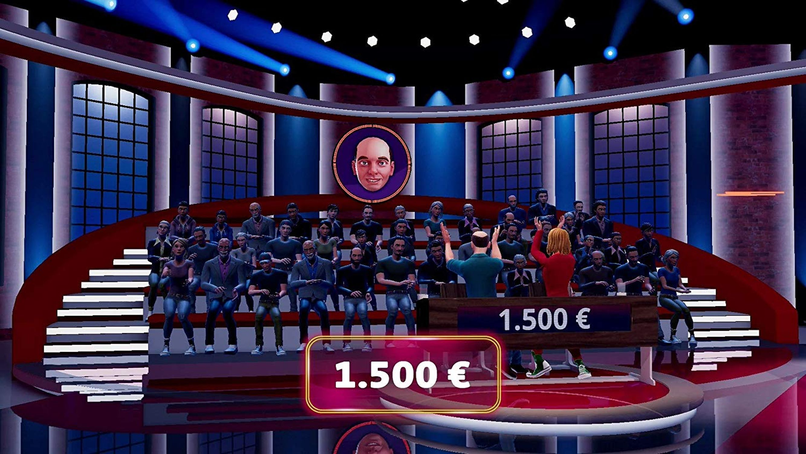 Spielshow-Bühne mit Kandidaten und einem Moderator. Ein Bildschirm zeigt 1.500€. Das Publikum ist sichtbar.