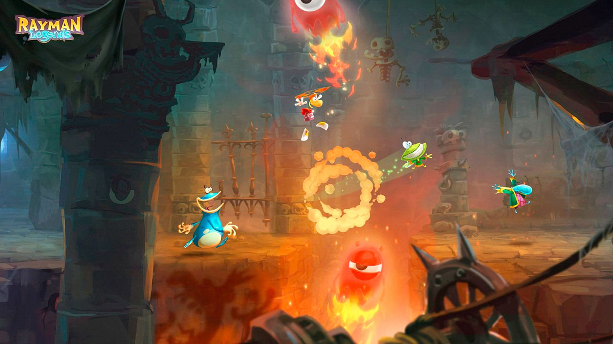 Eine Videospielszenen mit Cartoon-Charakteren in einem Dungeon.