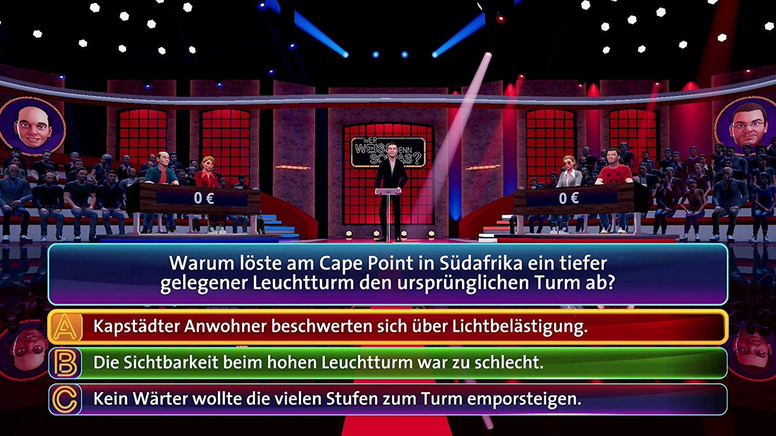 Game-Show-Bühne mit Kandidaten, die eine Frage beantworten, Publikum im Hintergrund.