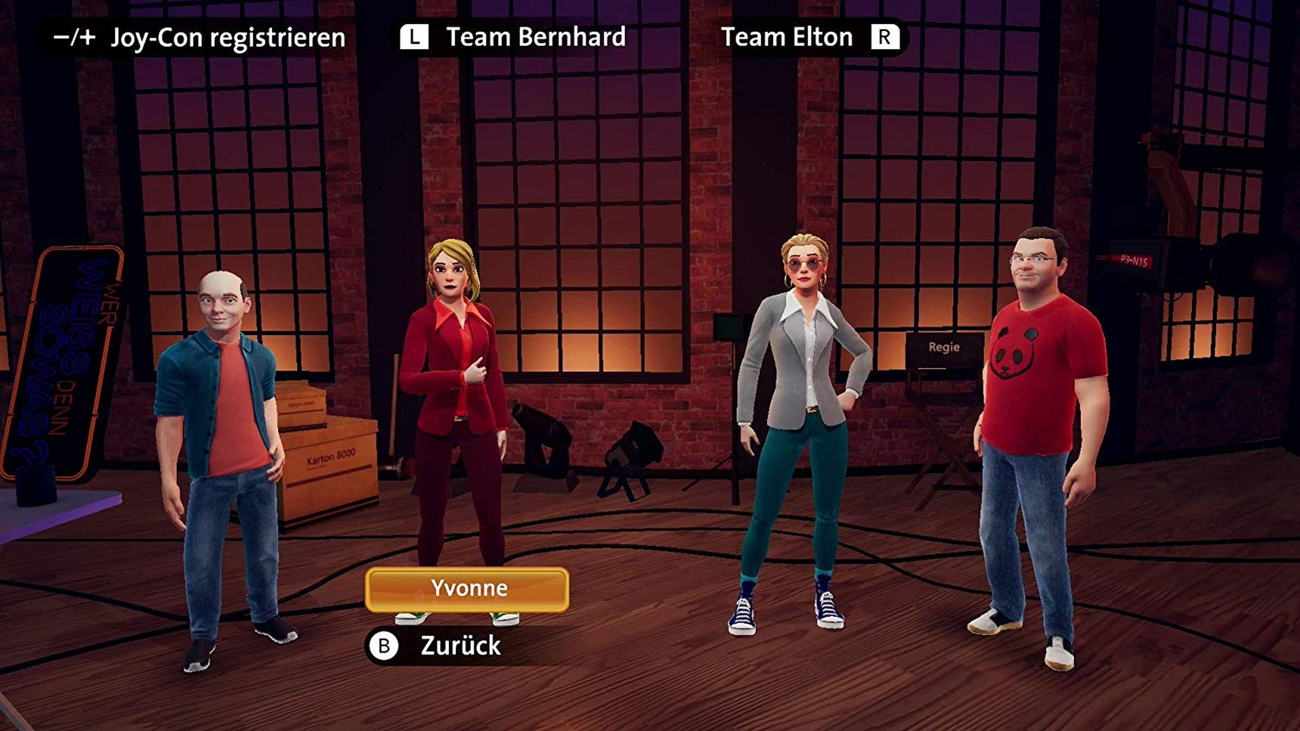 Vier Personen auf einer Bühne aus einem Spiel. Text oben: Joy-Con registrieren, Team Bernhard, Team Elton.