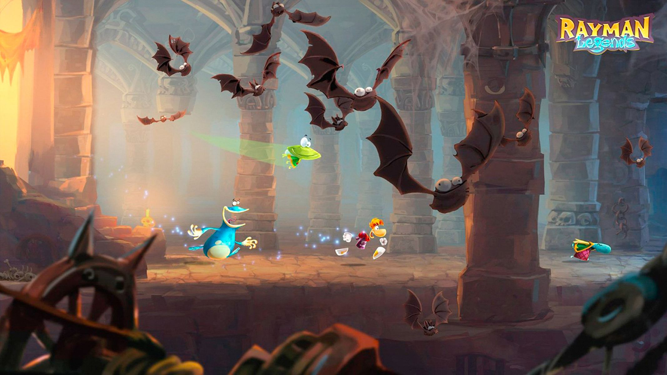 Rayman-Spielszene. Rayman rennt vor Fledermäusen in einem Steinkorridor davon. Blau und Grün.
