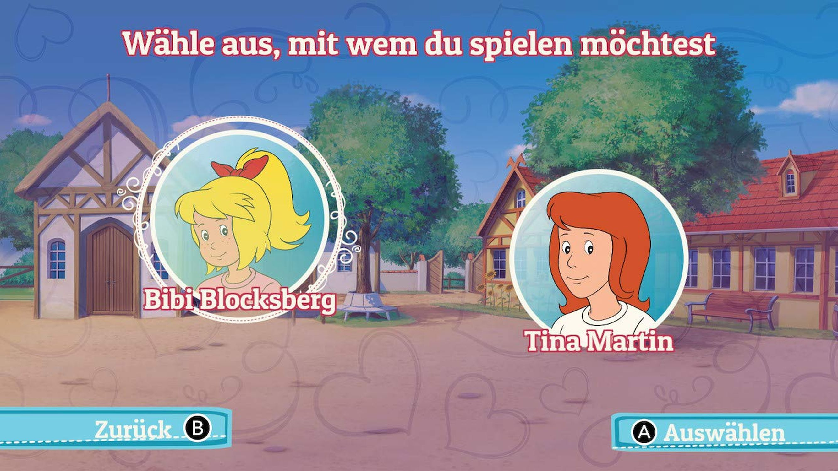 Spielbildschirm mit zwei Zeichentrickmädchen zur Auswahl in ländlicher Umgebung.
