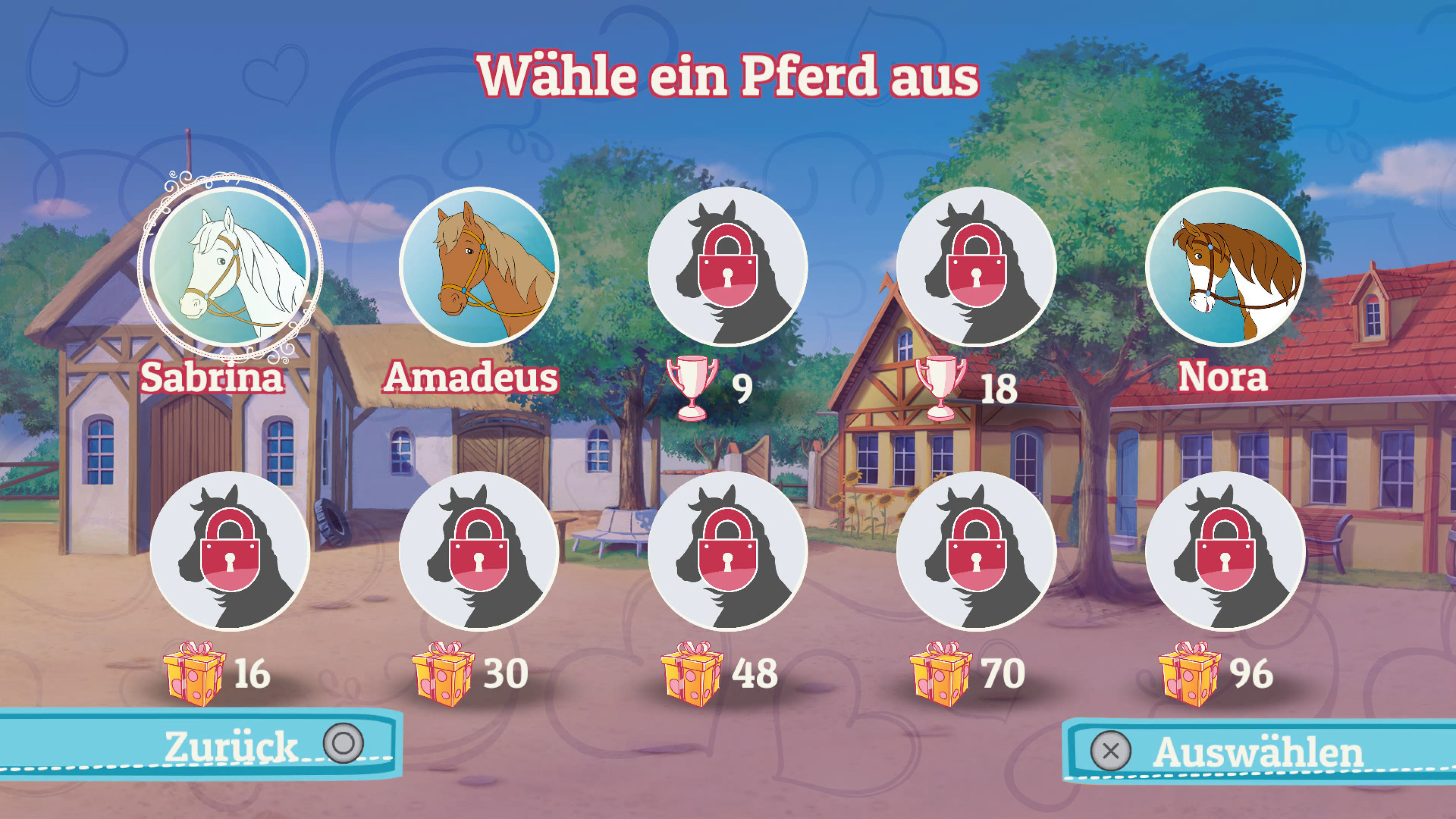 Spielbildschirm mit Pferdauswahl, Optionen und gesperrten Bildern.