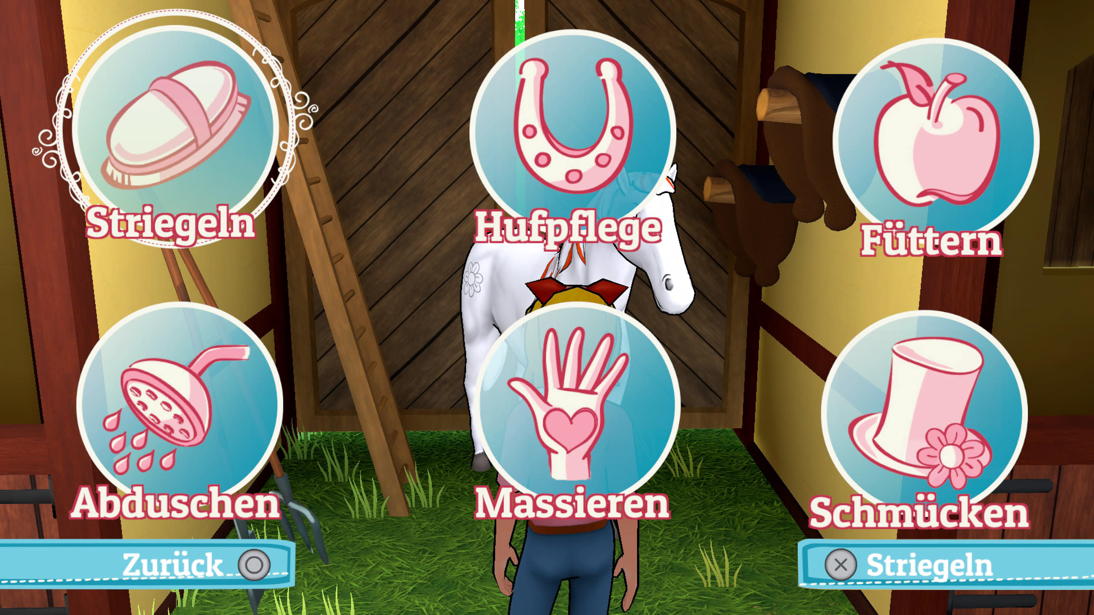 Ein Spielbildschirm mit einem weißen Pferd und mehreren Symbolen mit Aktionen wie 'Pflege' und 'Füttern'.