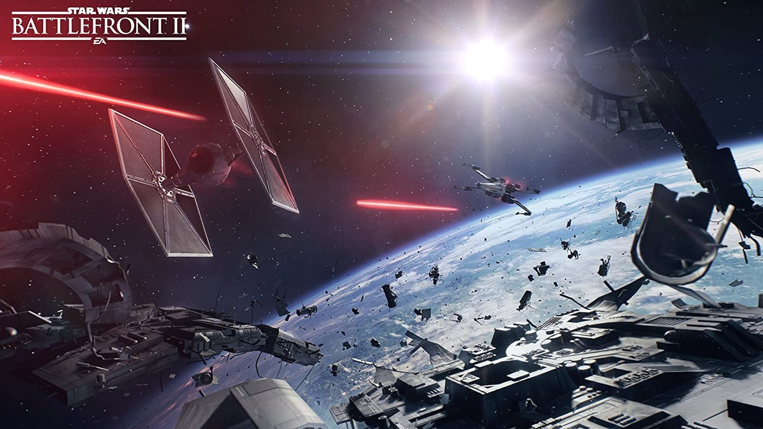 Eine Star Wars-Szene mit Raumschiffen und Lasern, die im Weltraum über einem Planeten feuern. Ein Kampf ist im Gange.