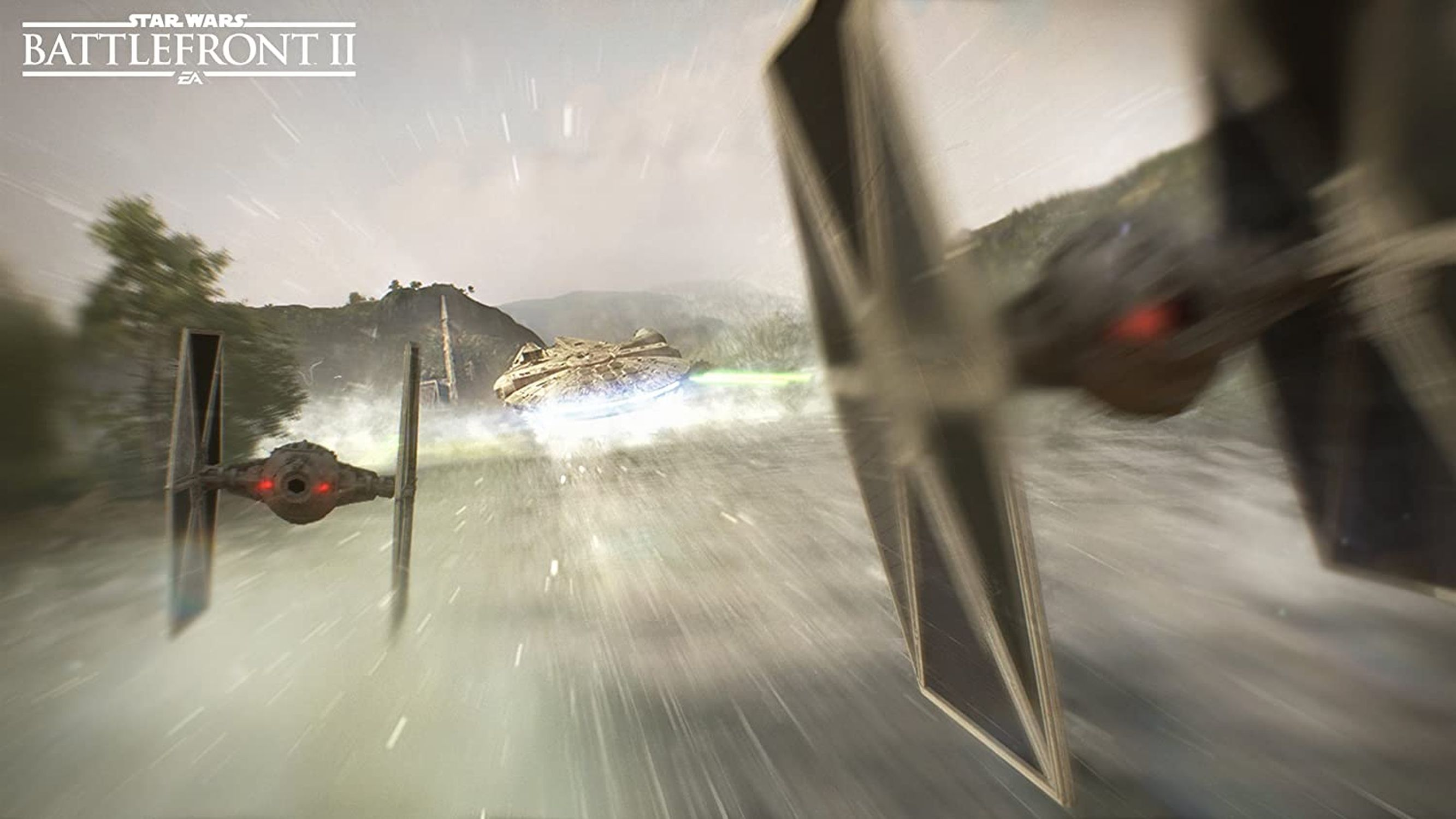 Eine Star Wars Battlefront II Szene mit Raumschiffen in einer stürmischen Umgebung.