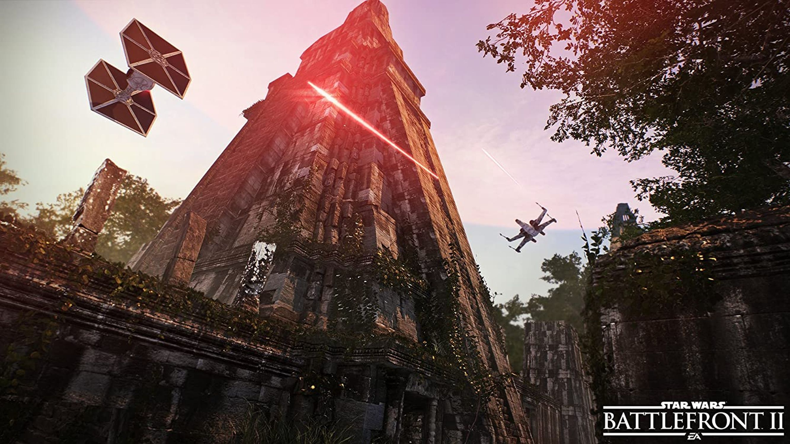 Star Wars-Szene mit TIE-Jäger, X-Wing und tempelartiger Struktur im Hintergrund.