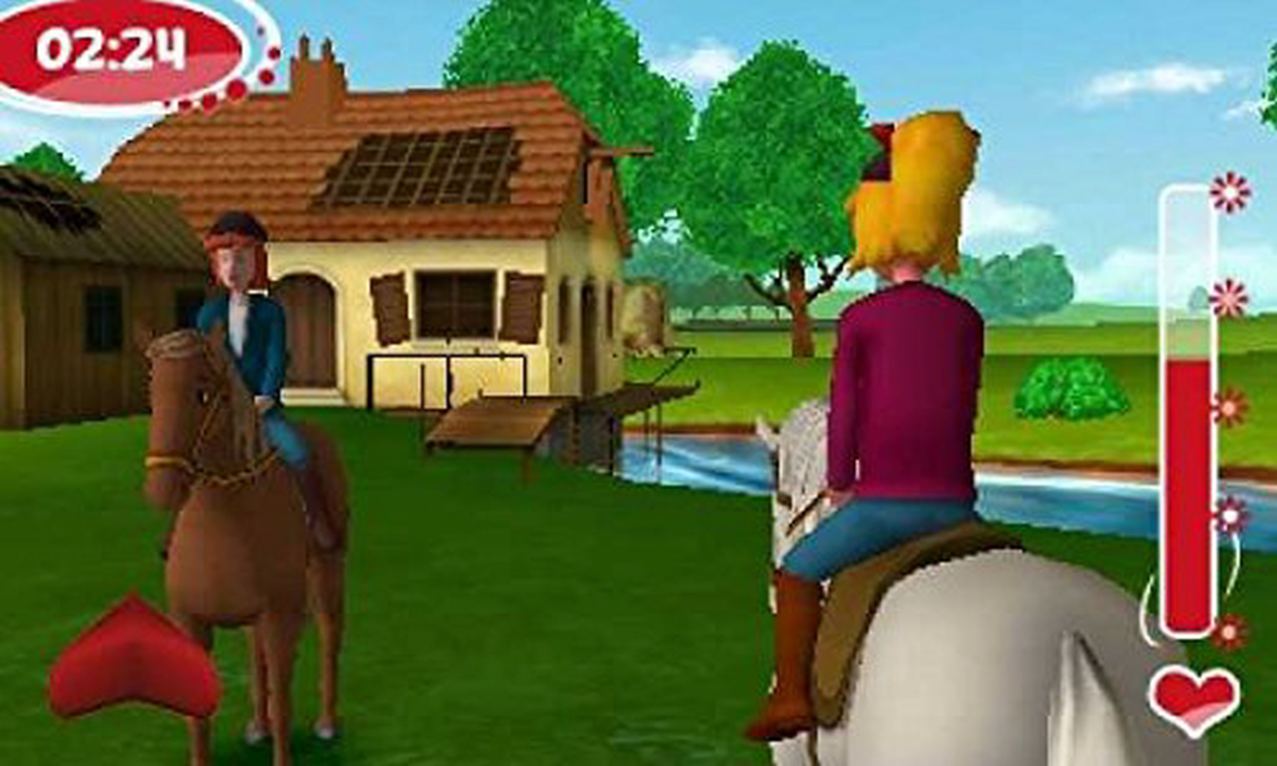 Videospielszenen. Zwei Reiter auf Pferden in der Nähe eines Hauses und eines Baches.