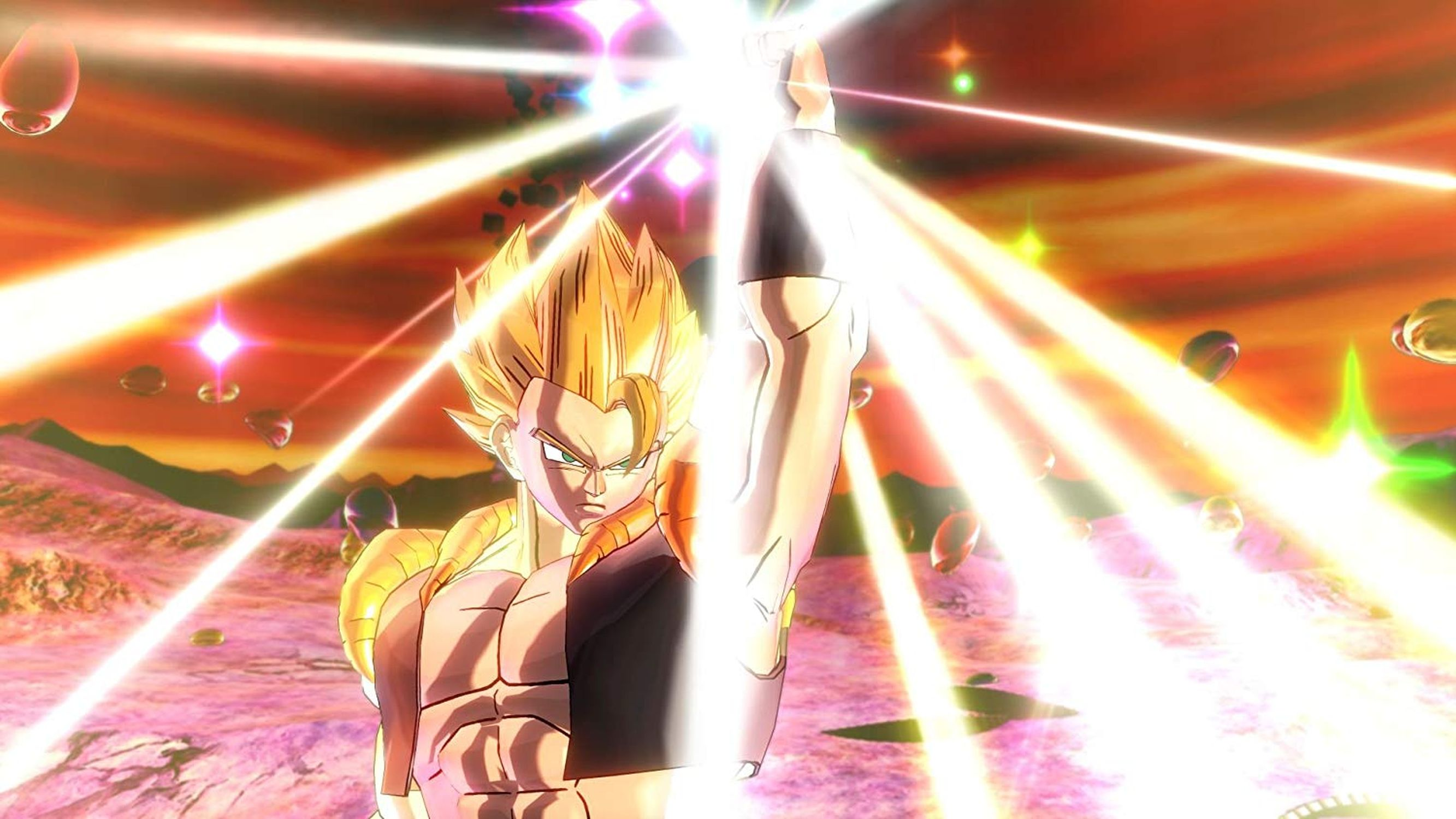 Gogeta aus Dragon Ball Z lädt Energie auf, helles Licht und Sterne.