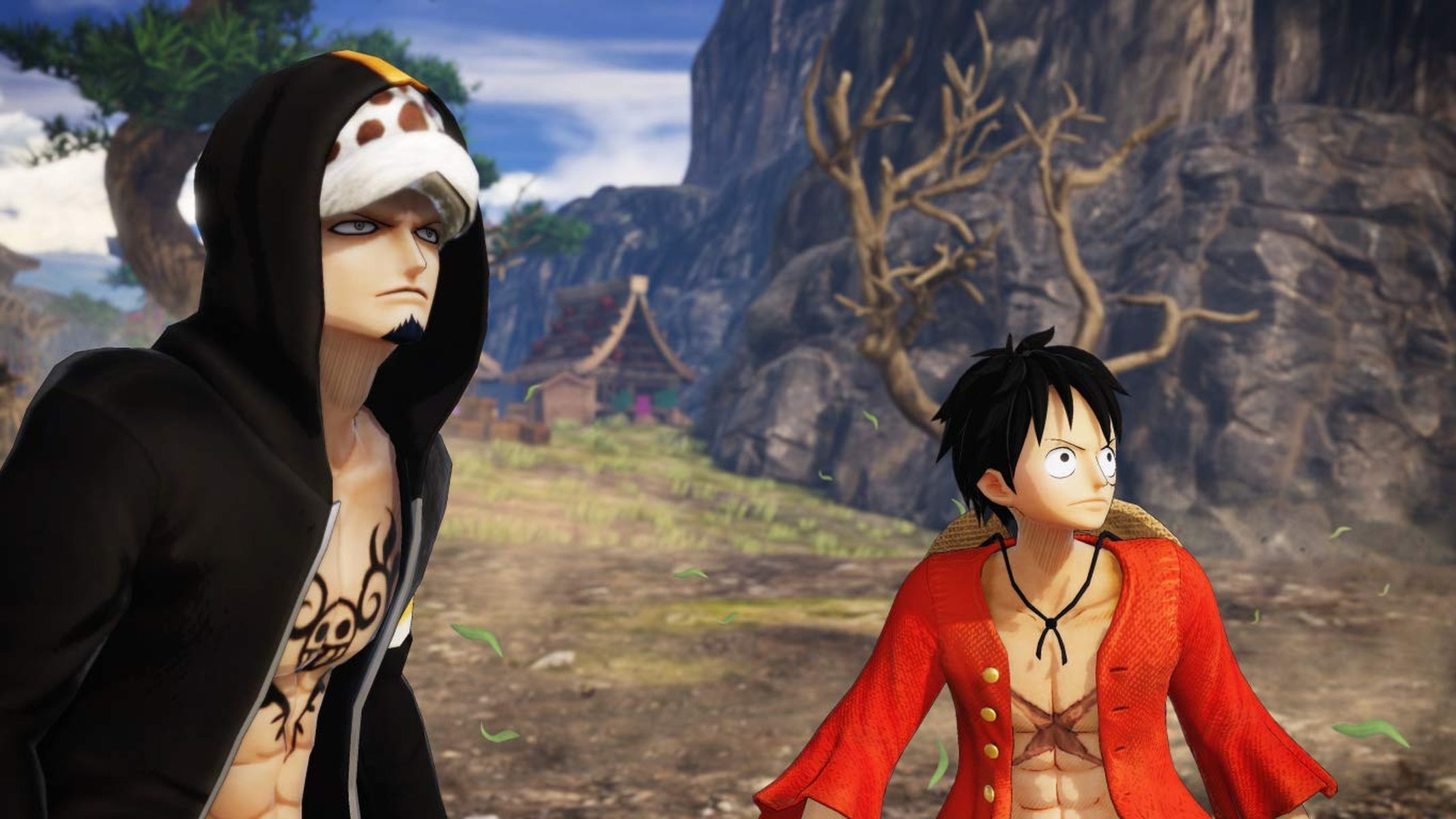 Anime-Charaktere stehen. Einer mit Hut, der andere mit rotem Hemd. Grüner Hintergrund.