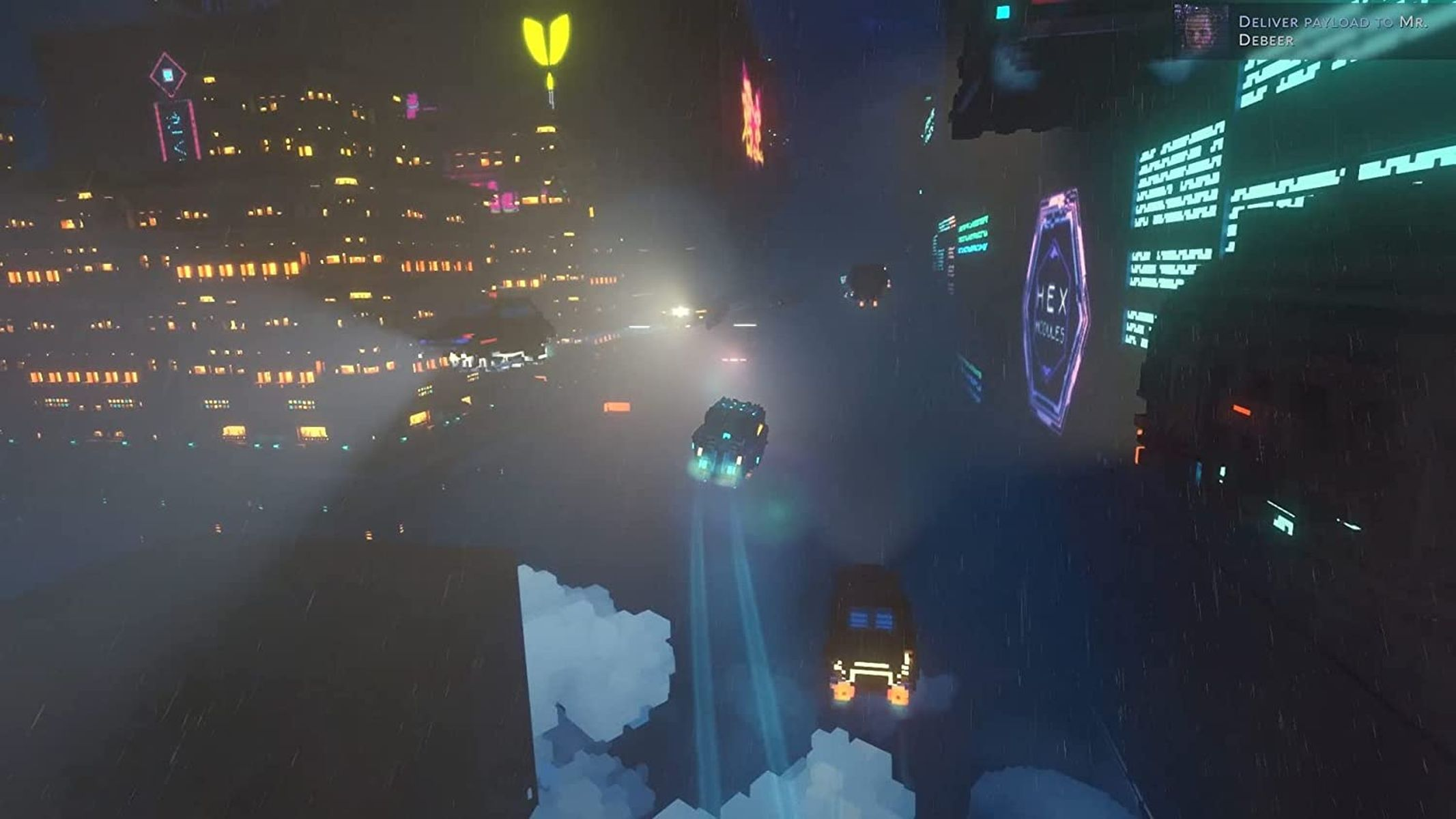 Eine futuristische Stadt mit fliegenden Fahrzeugen. Die Szene ist dunkel mit Neonlichtern.