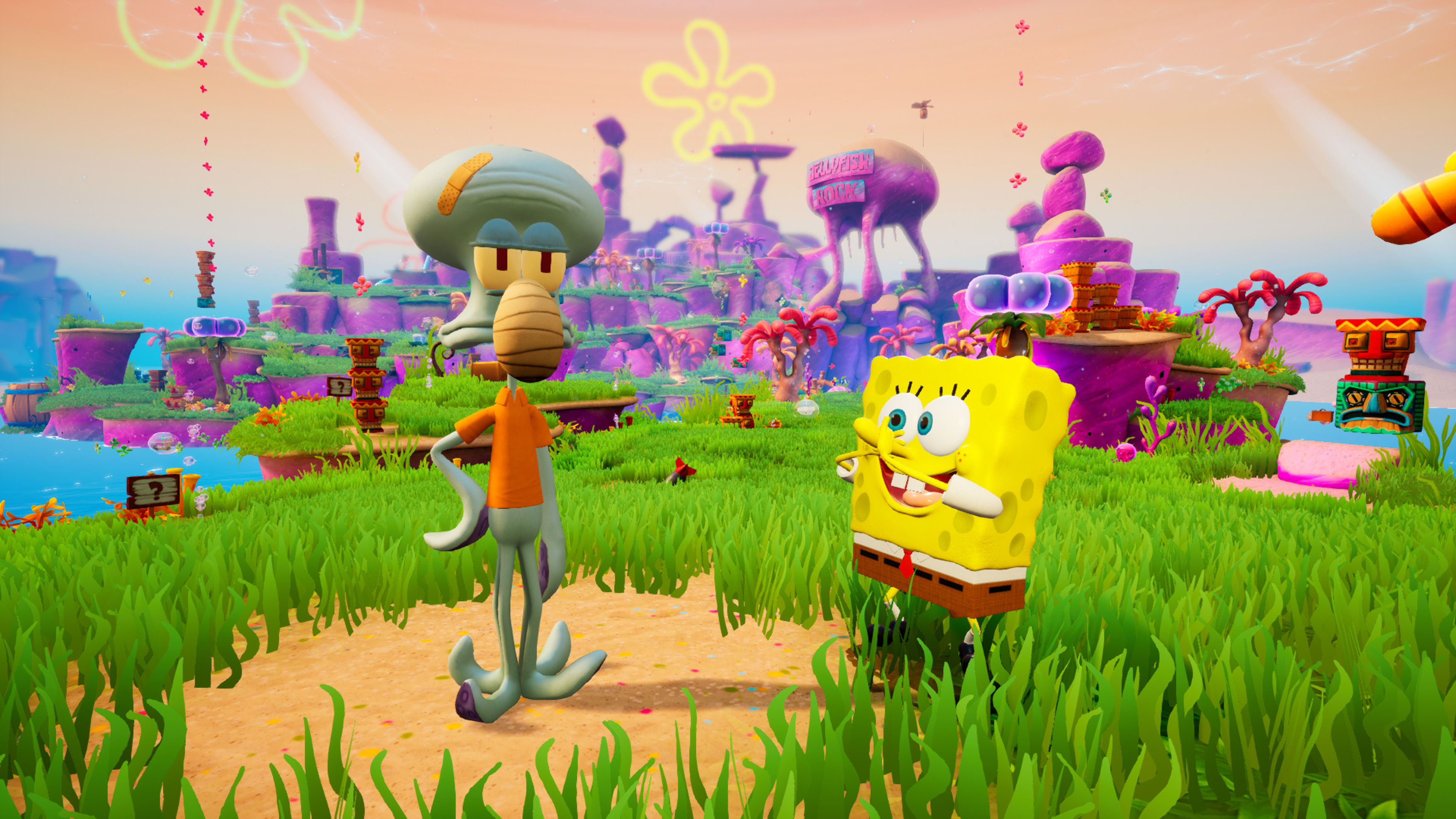 SpongeBob und Thaddäus in einer bunten Cartoon-Landschaft. Grünes Gras, Gebäude und heller Himmel.