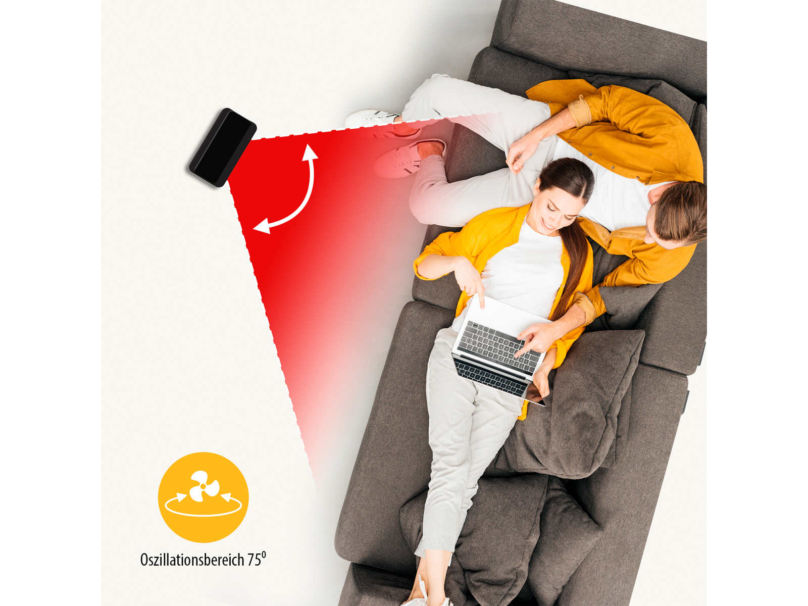 Para na kanapie z laptopem i czerwoną ikoną wentylatora z diagramem.