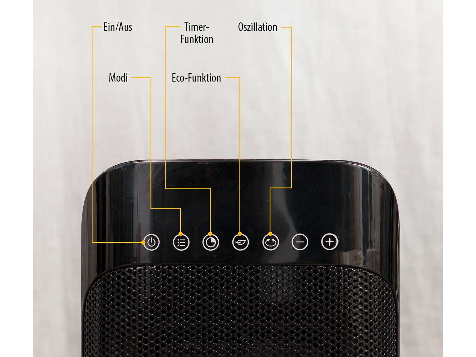 Czarny panel sterowania z oznaczonymi przyciskami do urządzenia grzewczego, w tym zasilanie, tryby i oscylacja.