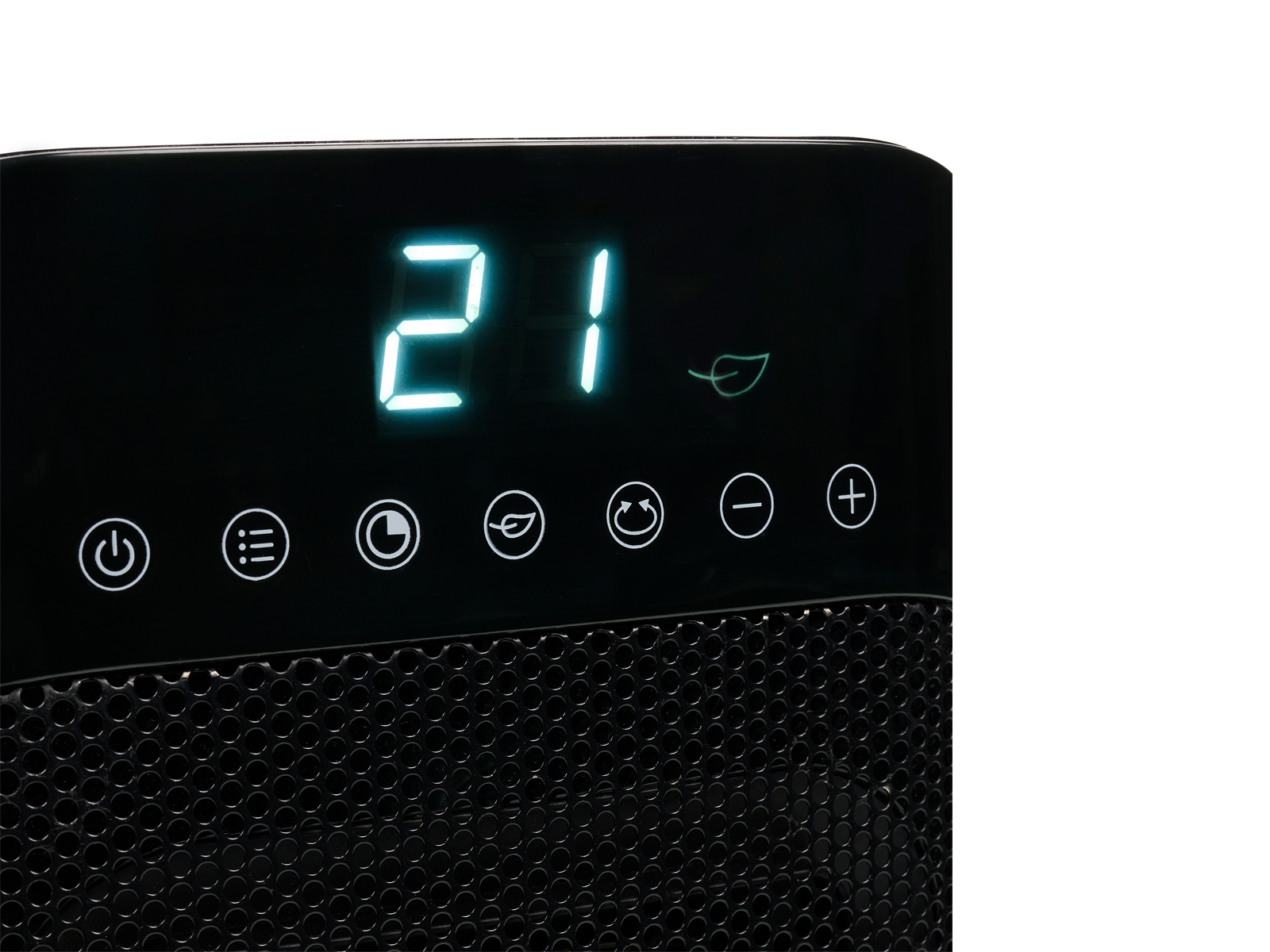 Zbliżenie czarnego panelu sterowania urządzenia z wyświetlaczem cyfrowym i przyciskami.