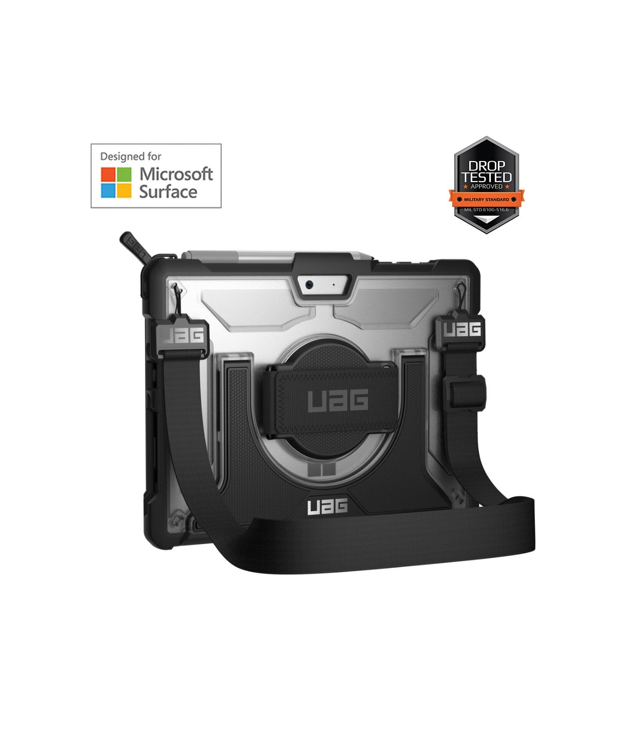 Tablet w czarnym etui z czarnym paskiem. Etui ma markę UAG, obecne jest logo Microsoft Surface.