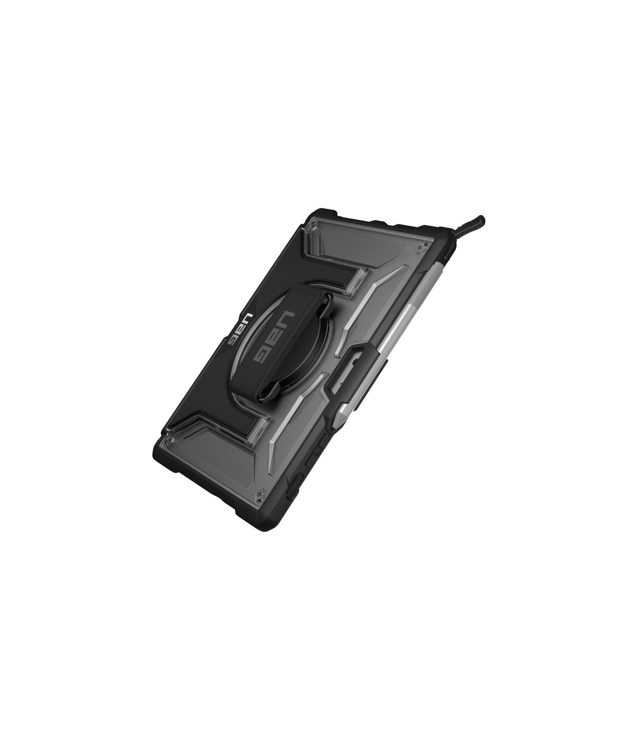 Czarny futerał na tablet z marką UAG. Tablet jest pod kątem i pokazuje bok.