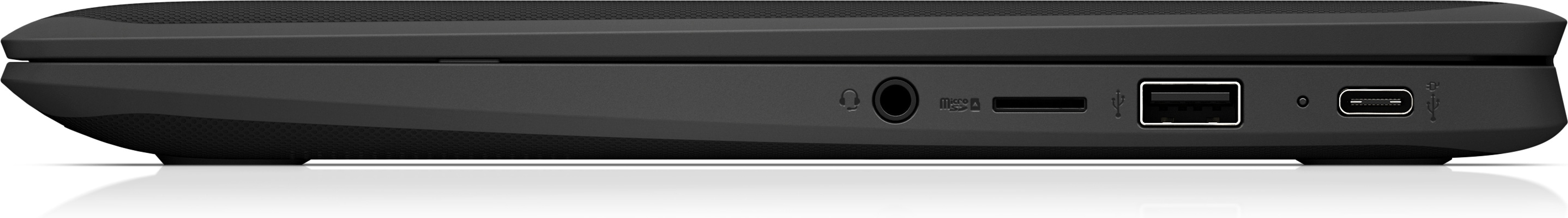El lateral de un portátil negro que muestra puertos: auriculares, tarjeta SD, USB y USB-C.