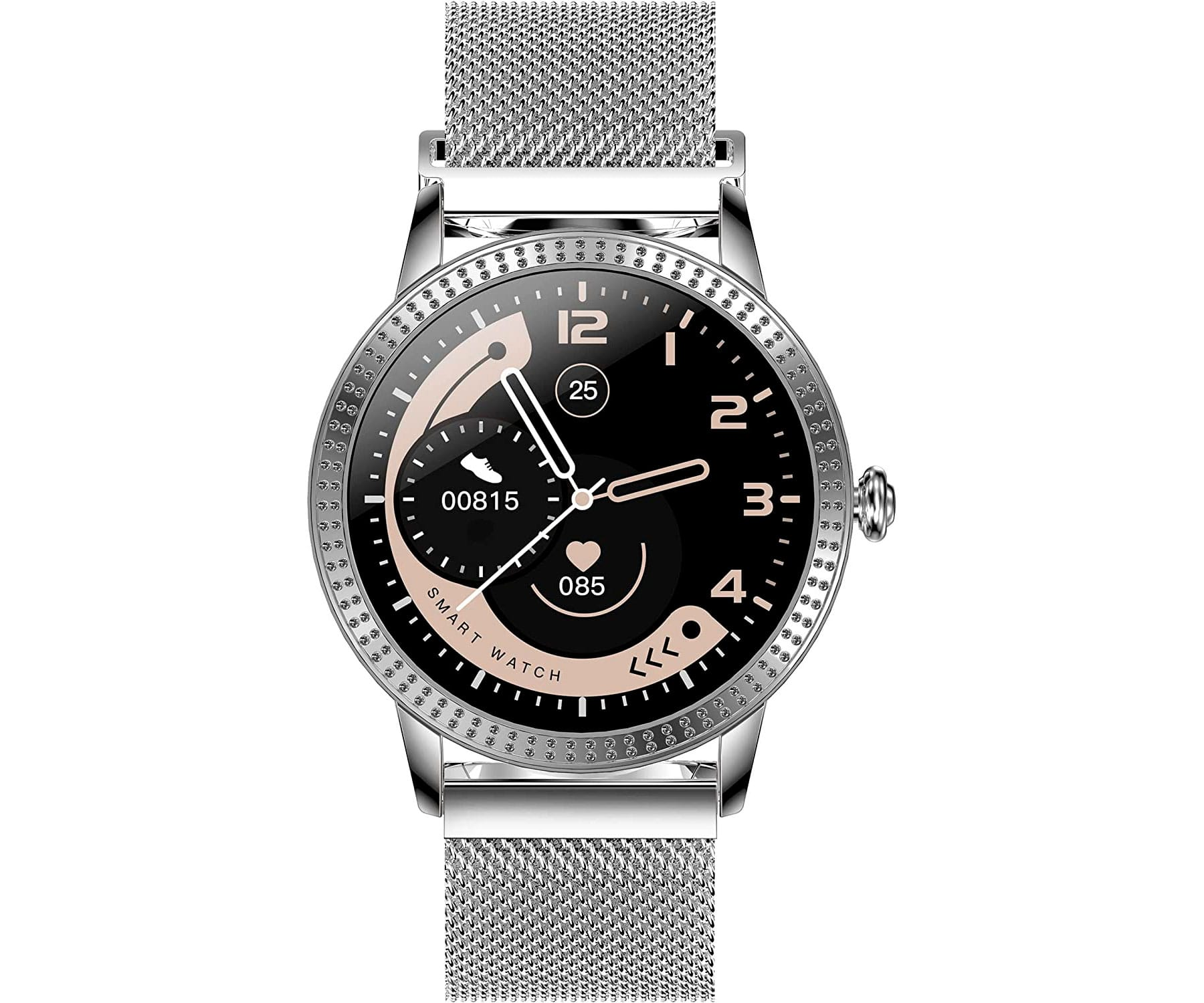 Uno smartwatch argentato con quadrante nero e cinturino in metallo.