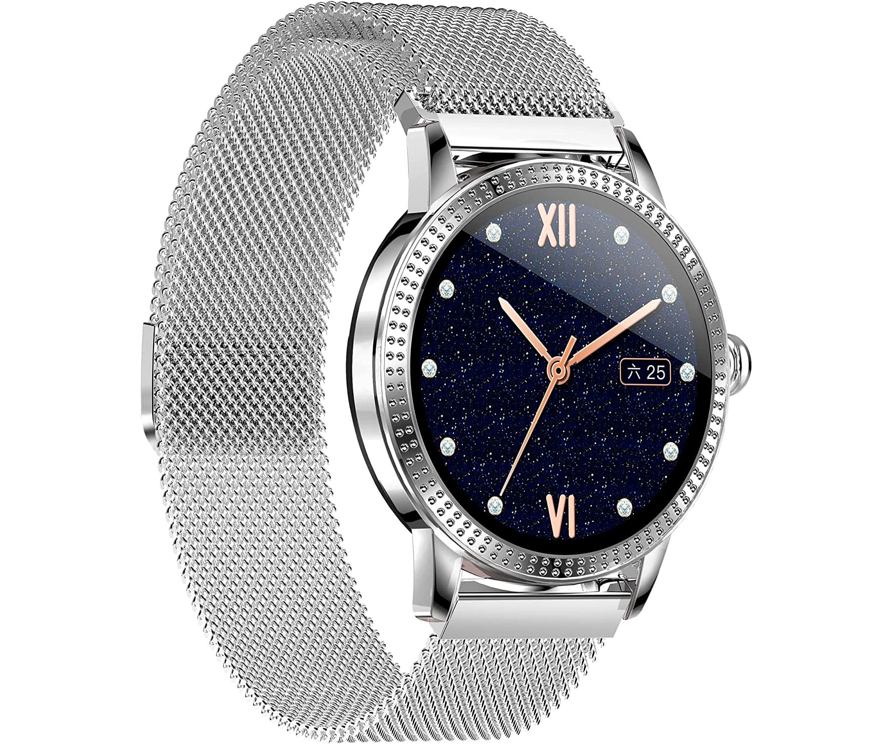 Smartwatch argentato con quadrante blu scuro stellato e bracciale a maglie.