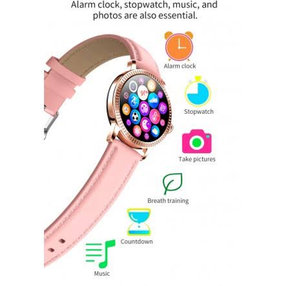 Smartwatch rosa con icone, cinturino rosa. Include sveglia, cronometro, fotocamera e musica.