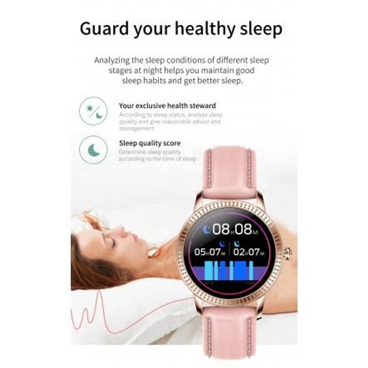 Il polso di una donna con uno smartwatch che mostra un cinturino rosa e un display dell'ora.