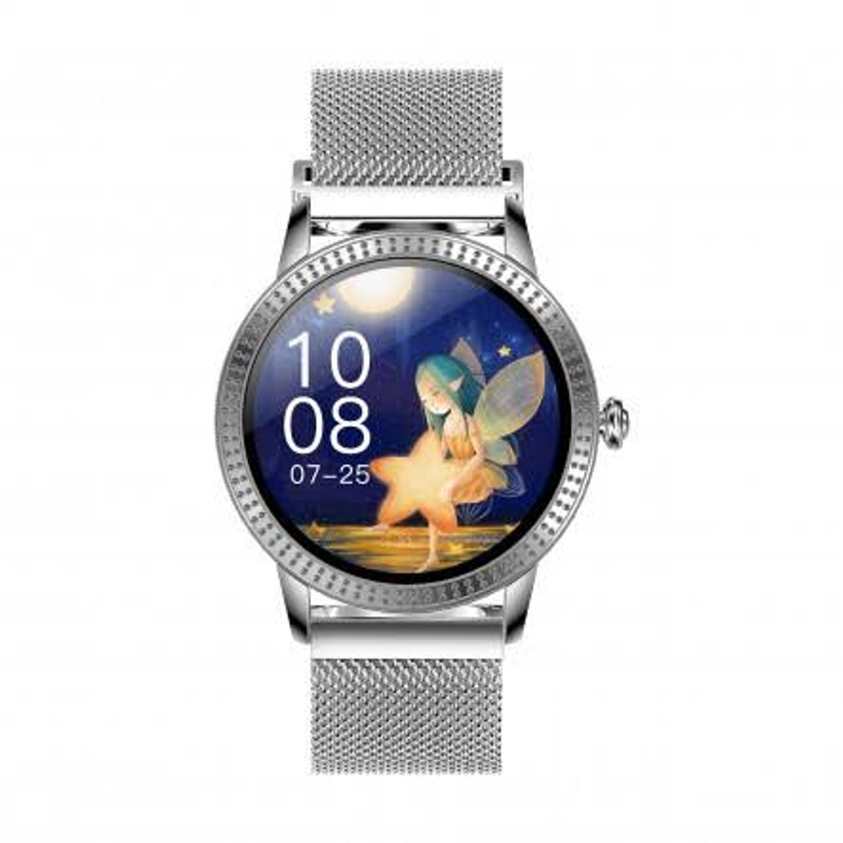 Smartwatch argento con una fata sullo schermo. Sfondo bianco.