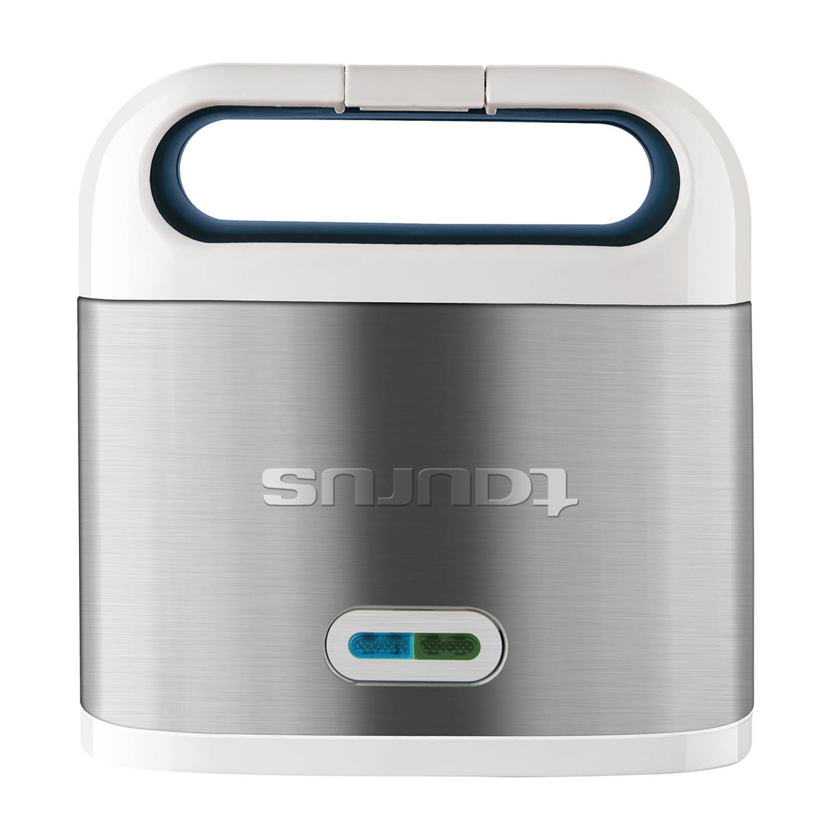 Biało-srebrny opiekacz do kanapek Taurus z niebiesko-zielonym przyciskiem.