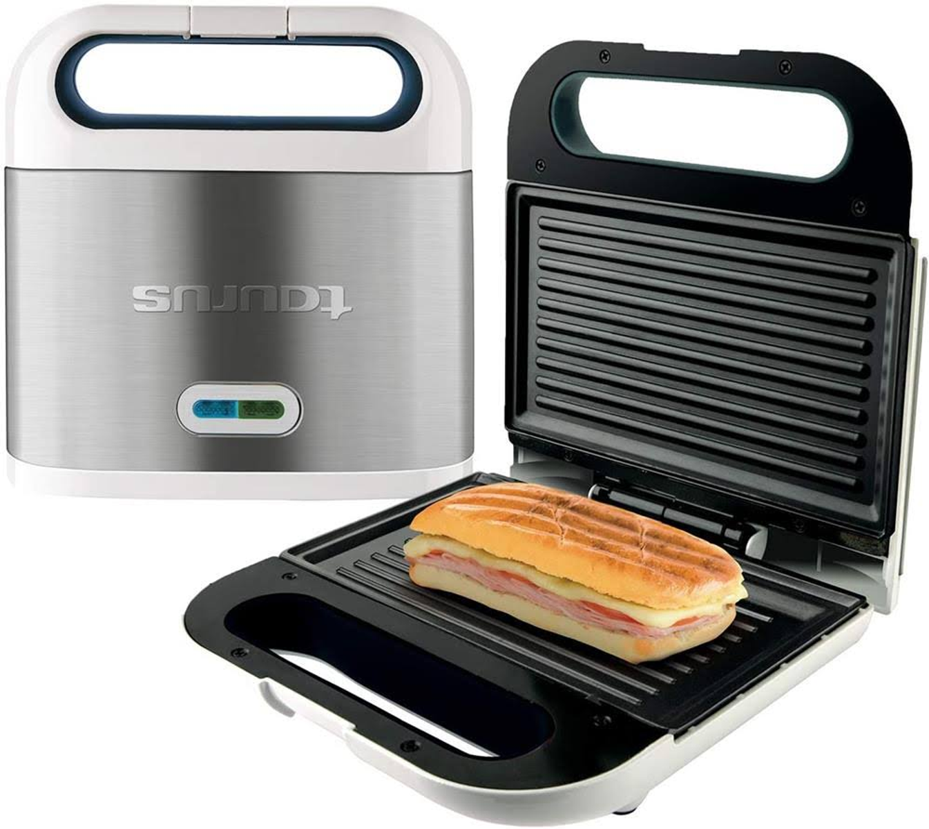 Toster Taurus, otwarty, z kanapką. Stal nierdzewna i biały.