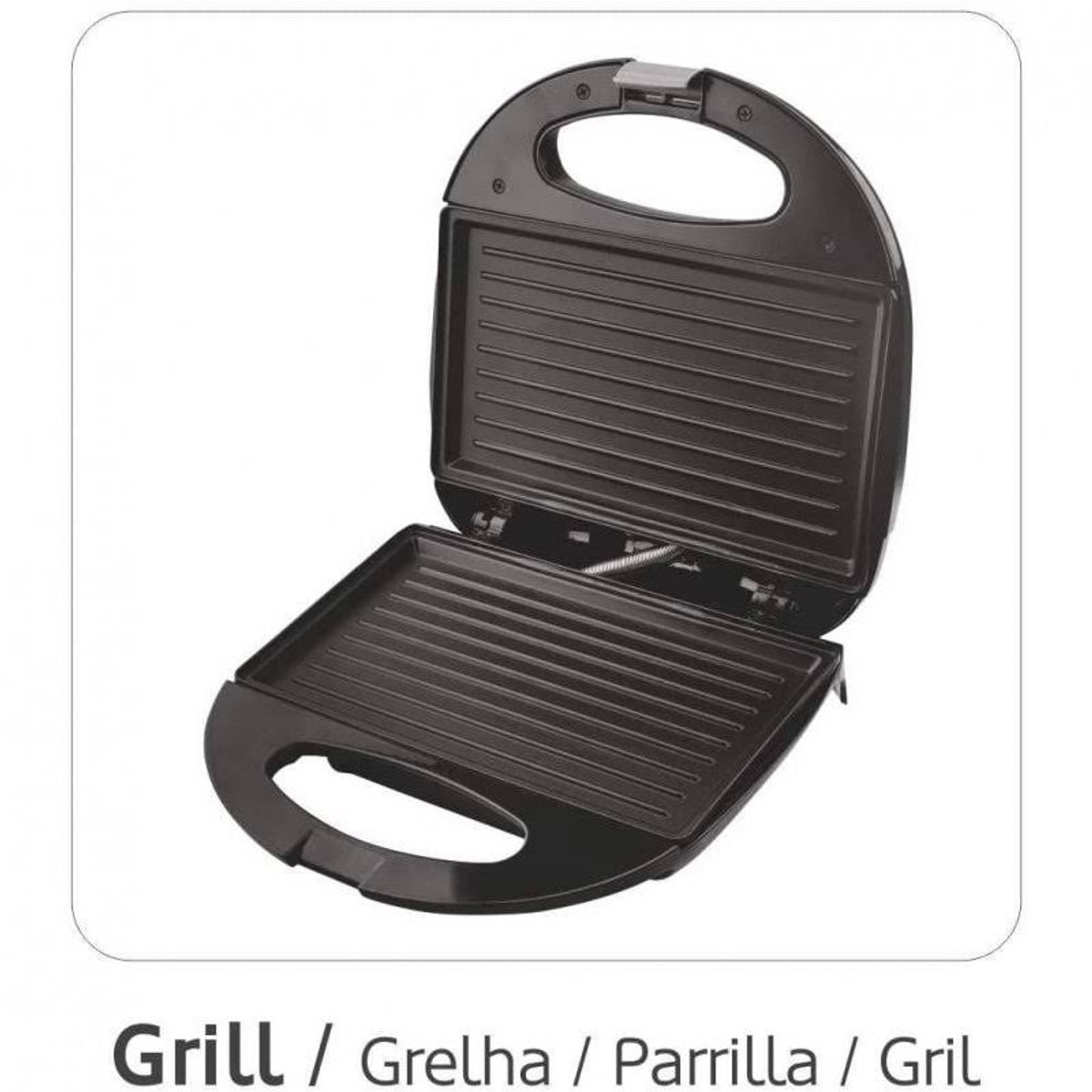 Czarny grill z otwartą pokrywą, pokazujący płyty grillowe. Białe tło.