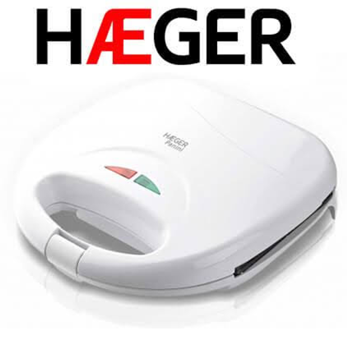 Biały opiekacz do panini HAeger. Nazwa jest wyraźnie wyświetlana. Ma czerwone i zielone kontrolki.