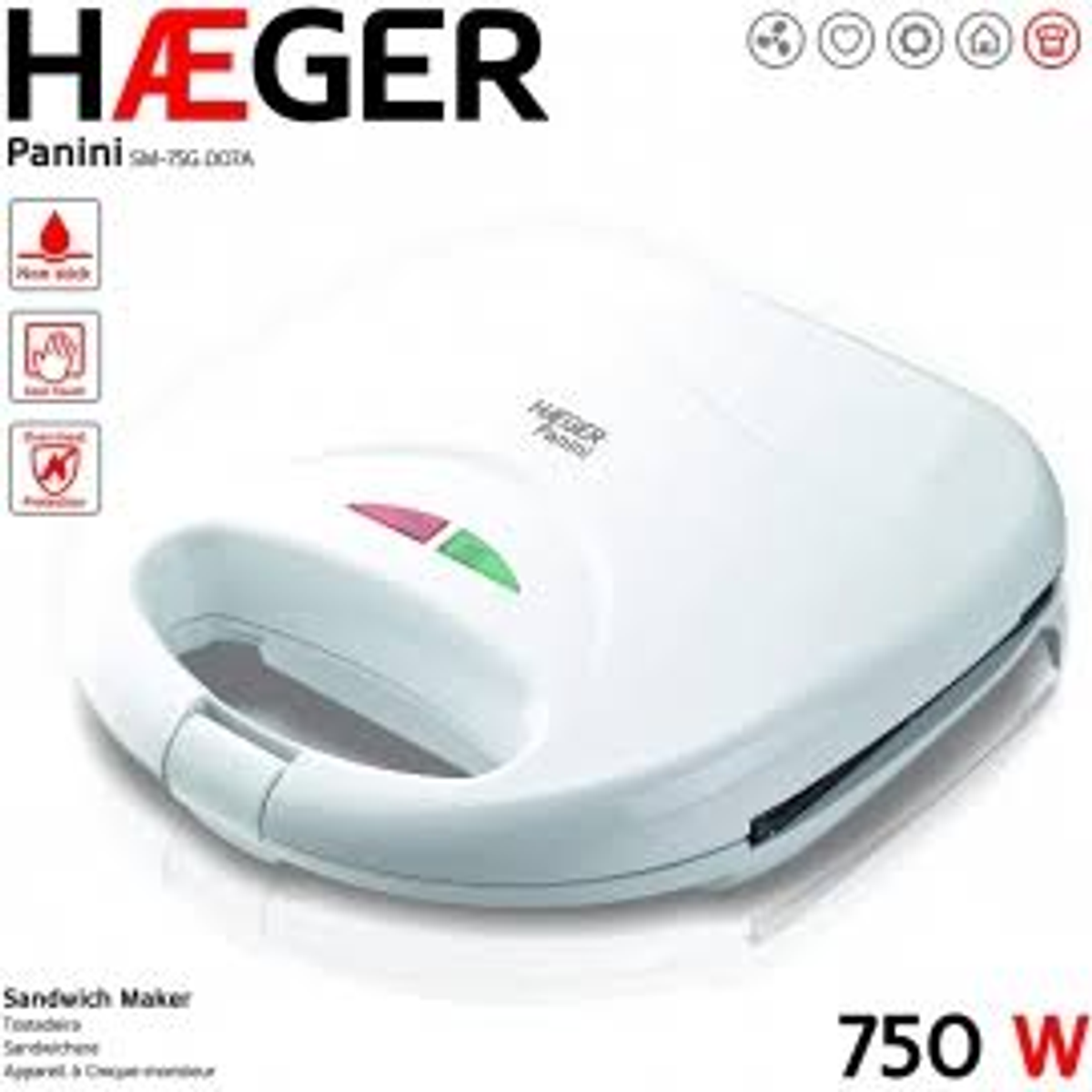 Biała opiekacz do kanapek z czerwonymi/zielonymi światłami. Marka to HAEGER. 750W.