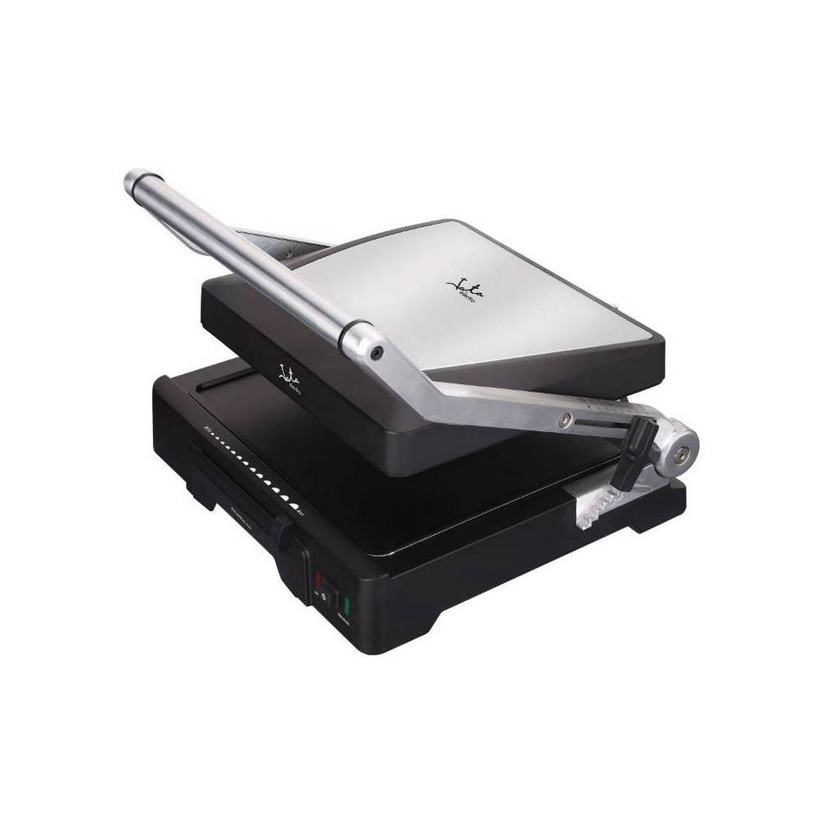 Czarny i srebrny opiekacz do kanapek, otwarty, na białym tle.