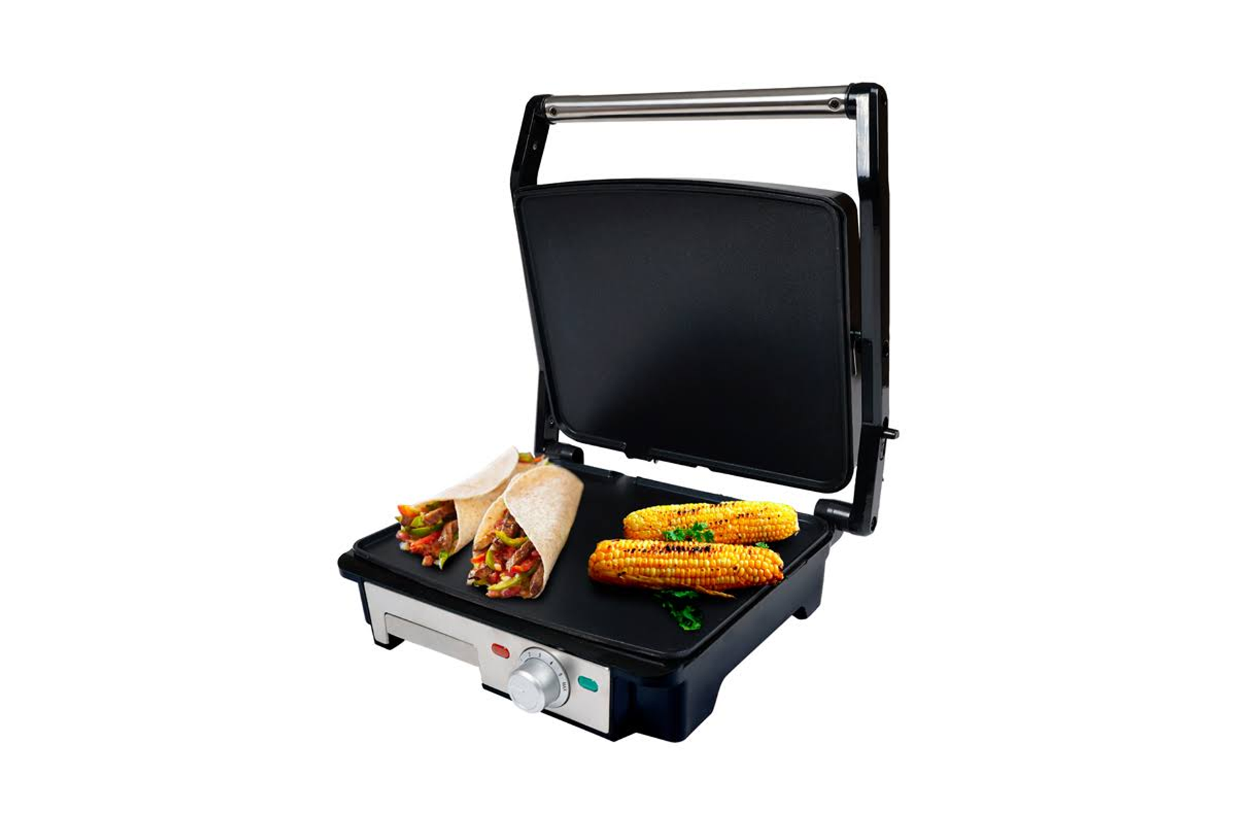 Otwarta maszyna do panini z tortillami i kukurydzą. Jedzenie na grillu.