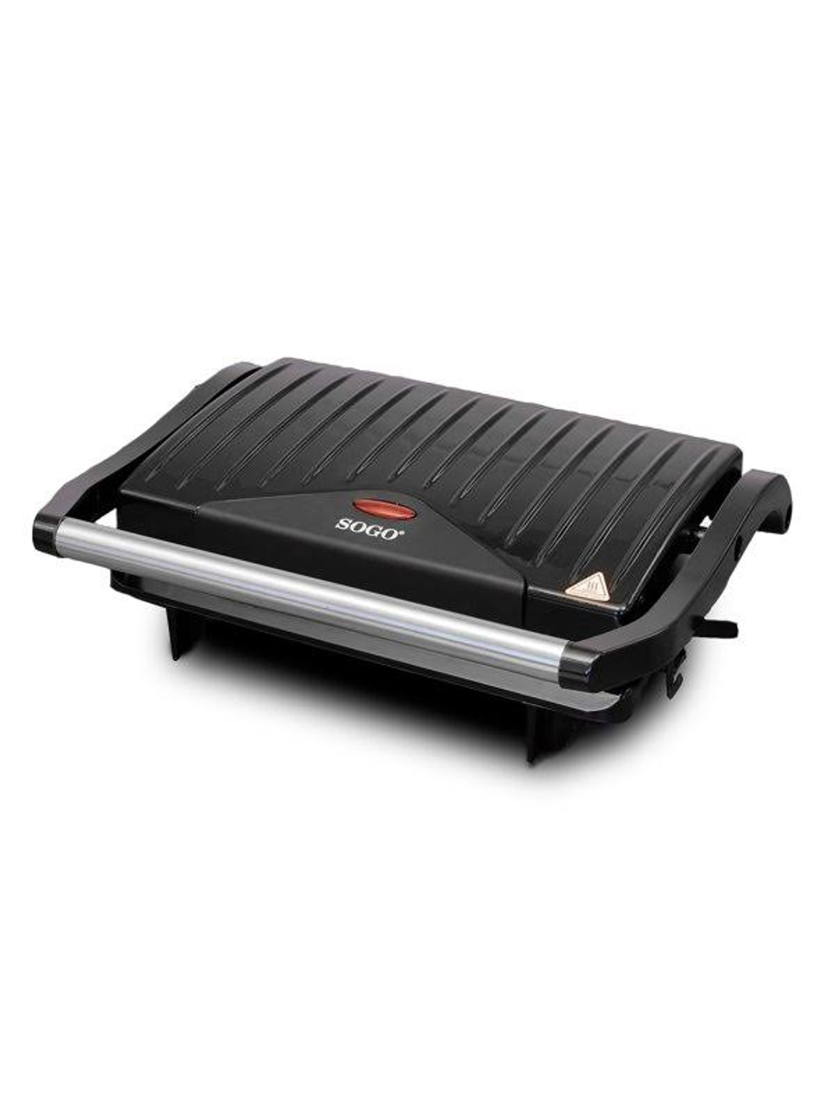 Czarny grill z zamkniętą pokrywą. Srebrny uchwyt. SOGO na górze. Czerwone światło pośrodku. Białe tło.