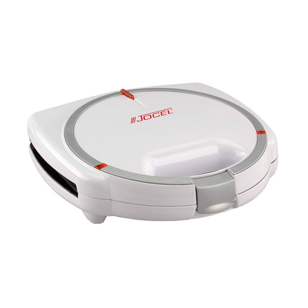 Sandwich maker bianco con coperchio chiuso, maniglia superiore e dettagli argentati.