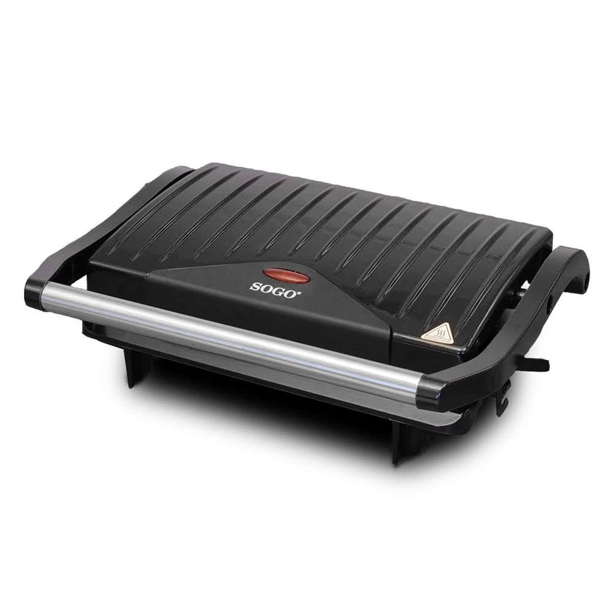 Pressa per panini nera con coperchio chiuso, maniglia argentata e luce rossa.