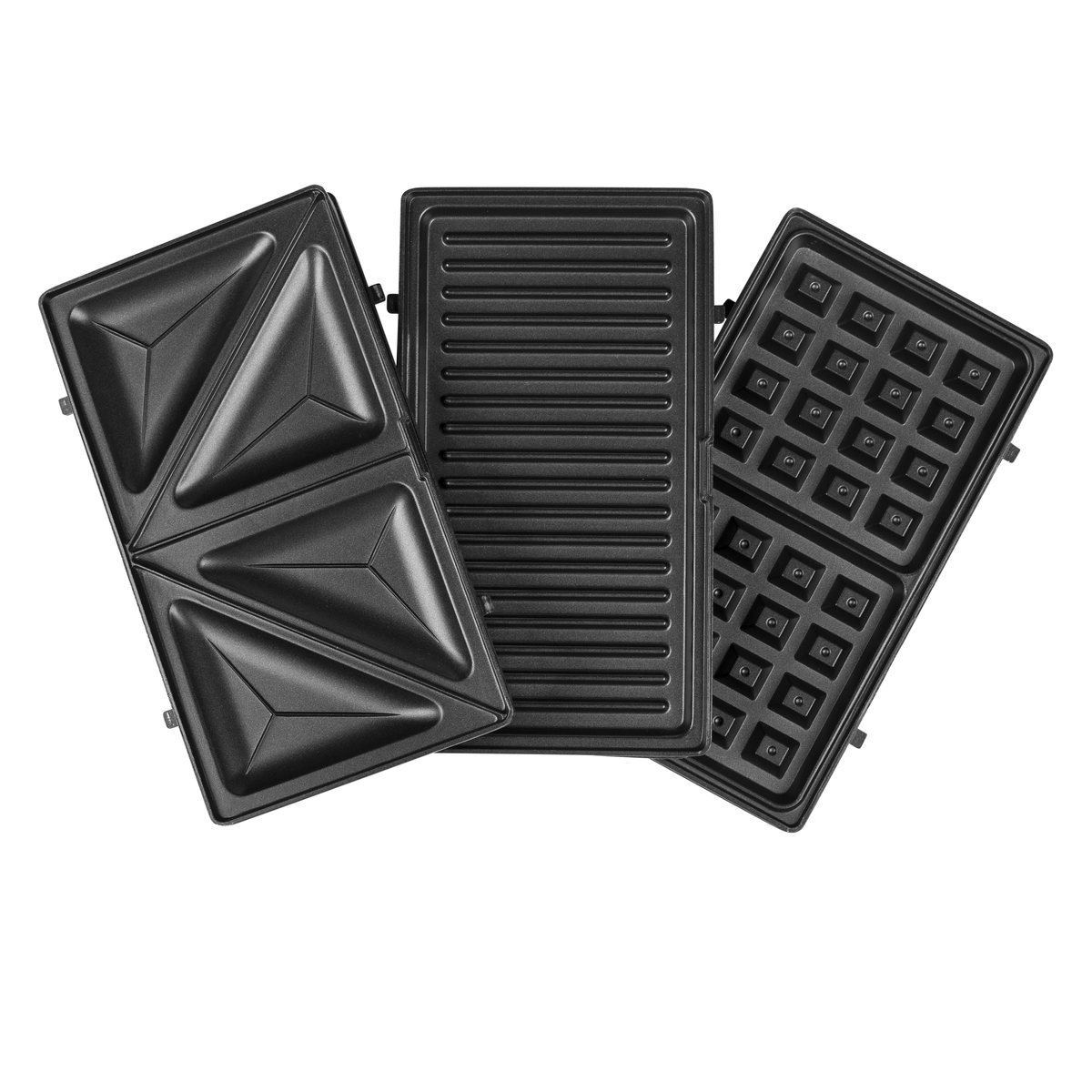 Drei verschiedene Sandwichplatten: Dreieck, gerippt und Waffel. Alle sind schwarz.