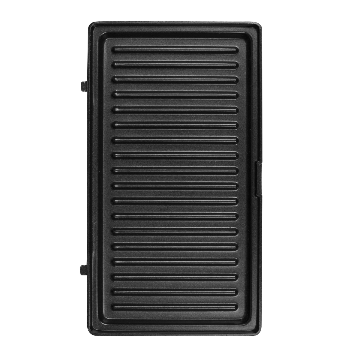 Eine schwarze, rechteckige Grillpfanne mit Rillen. Sie hat zwei kleine Griffe an den Seiten.