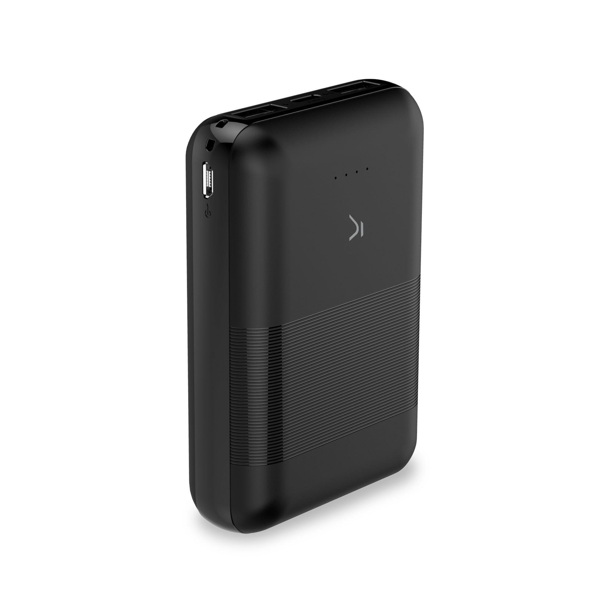 Banco de energía negro. Tiene un puerto USB y un pequeño logotipo. Fondo blanco.
