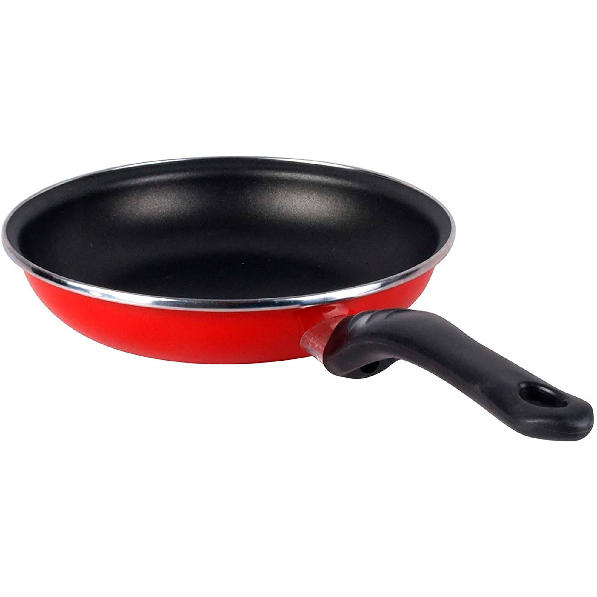 Sartén roja con mango negro sobre fondo blanco.