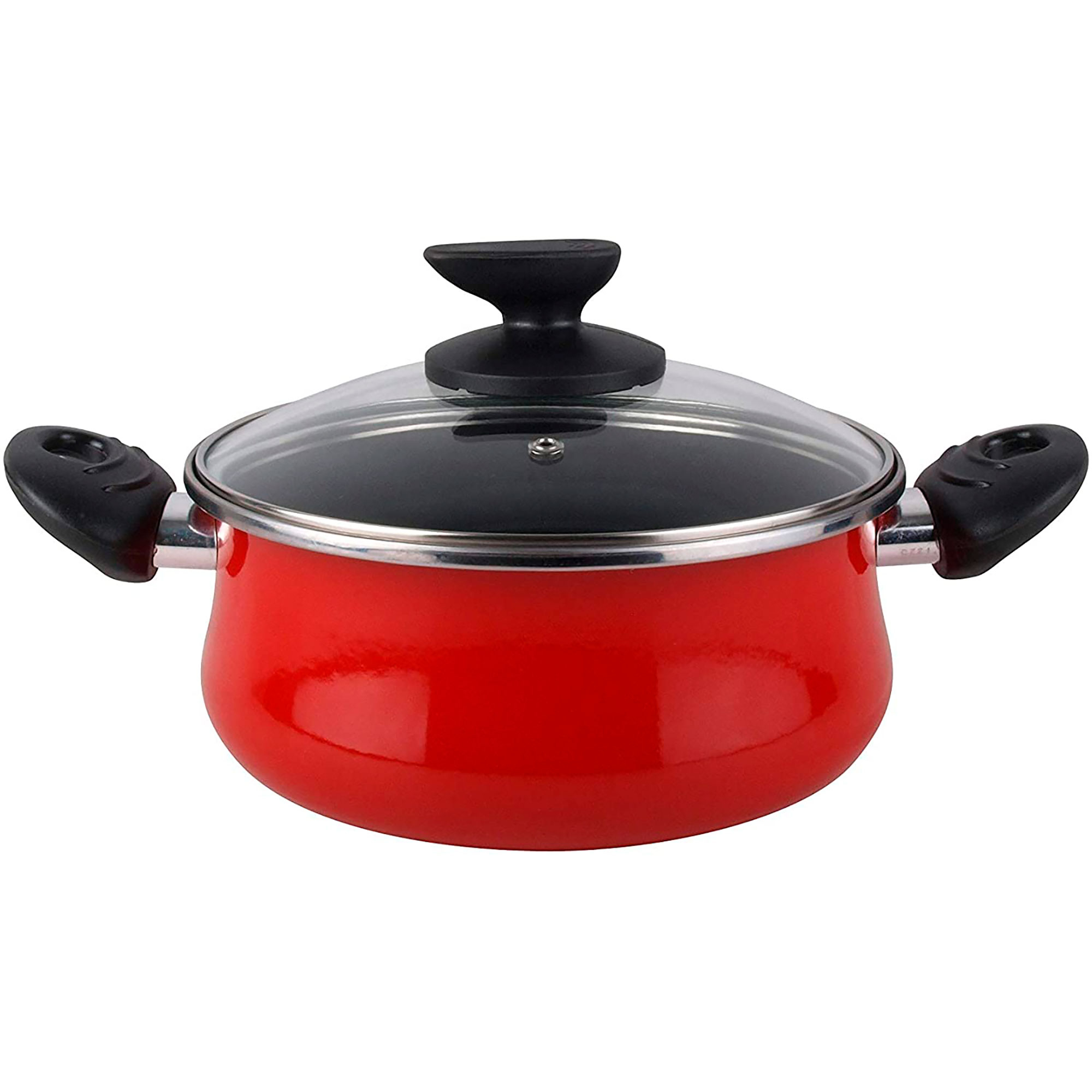Una olla roja con tapa de cristal y asas negras.