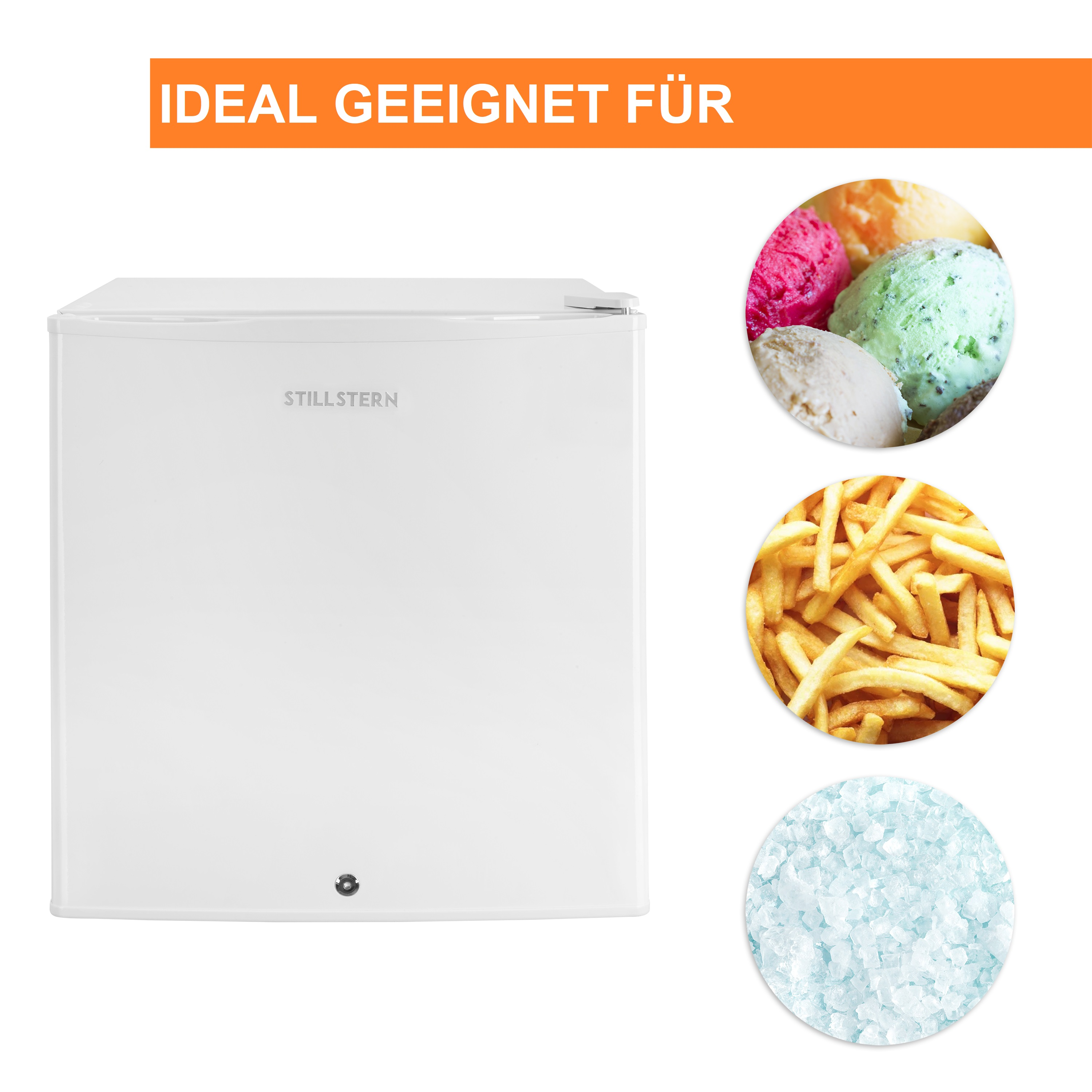 Ein weißer Mini-Kühlschrank mit Bildern von Eis, Pommes und Eiswürfeln drumherum.