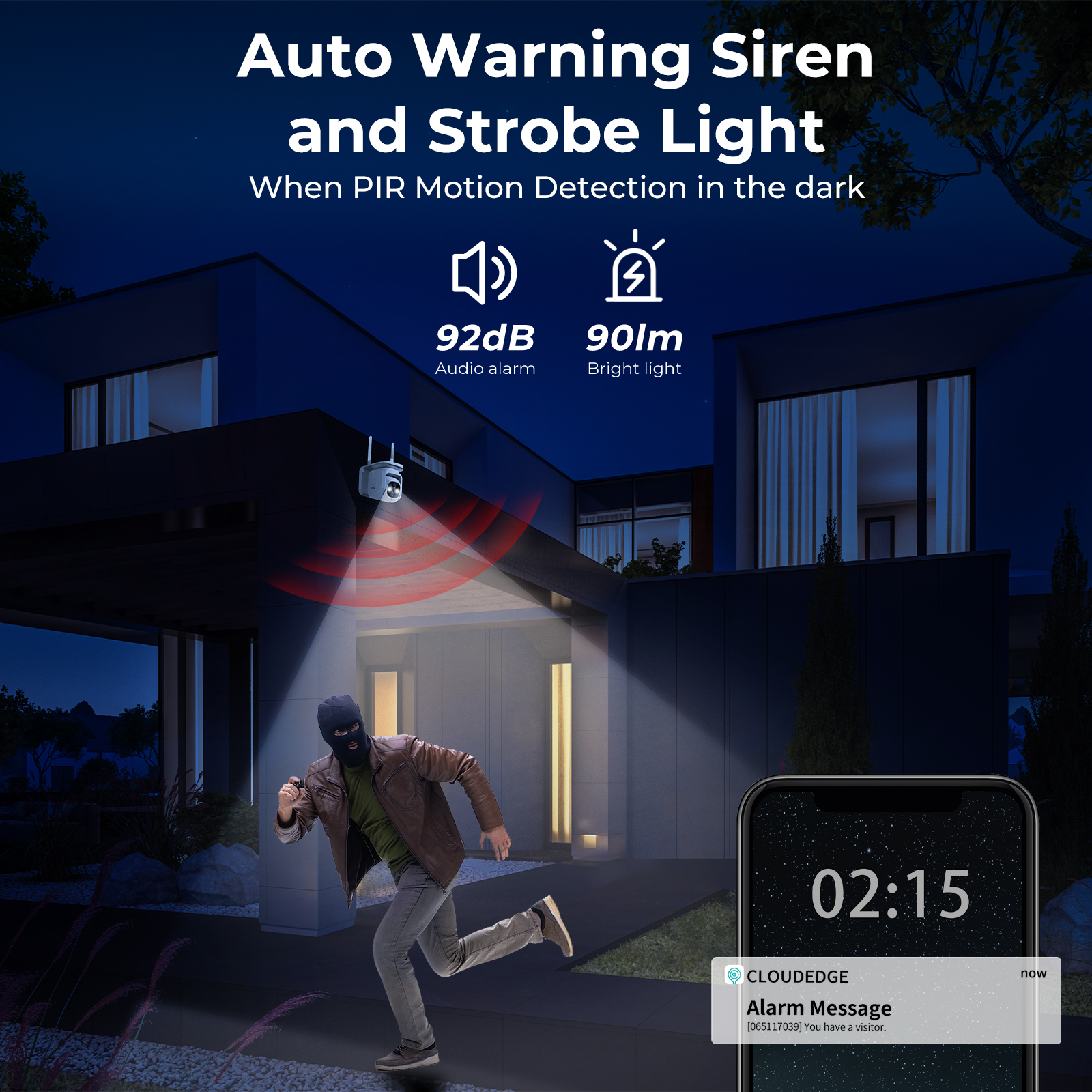 Ein Haus bei Nacht hat eine Überwachungskamera und einen Dieb, der rennt. Ein Telefon zeigt eine Alarmmeldung an.