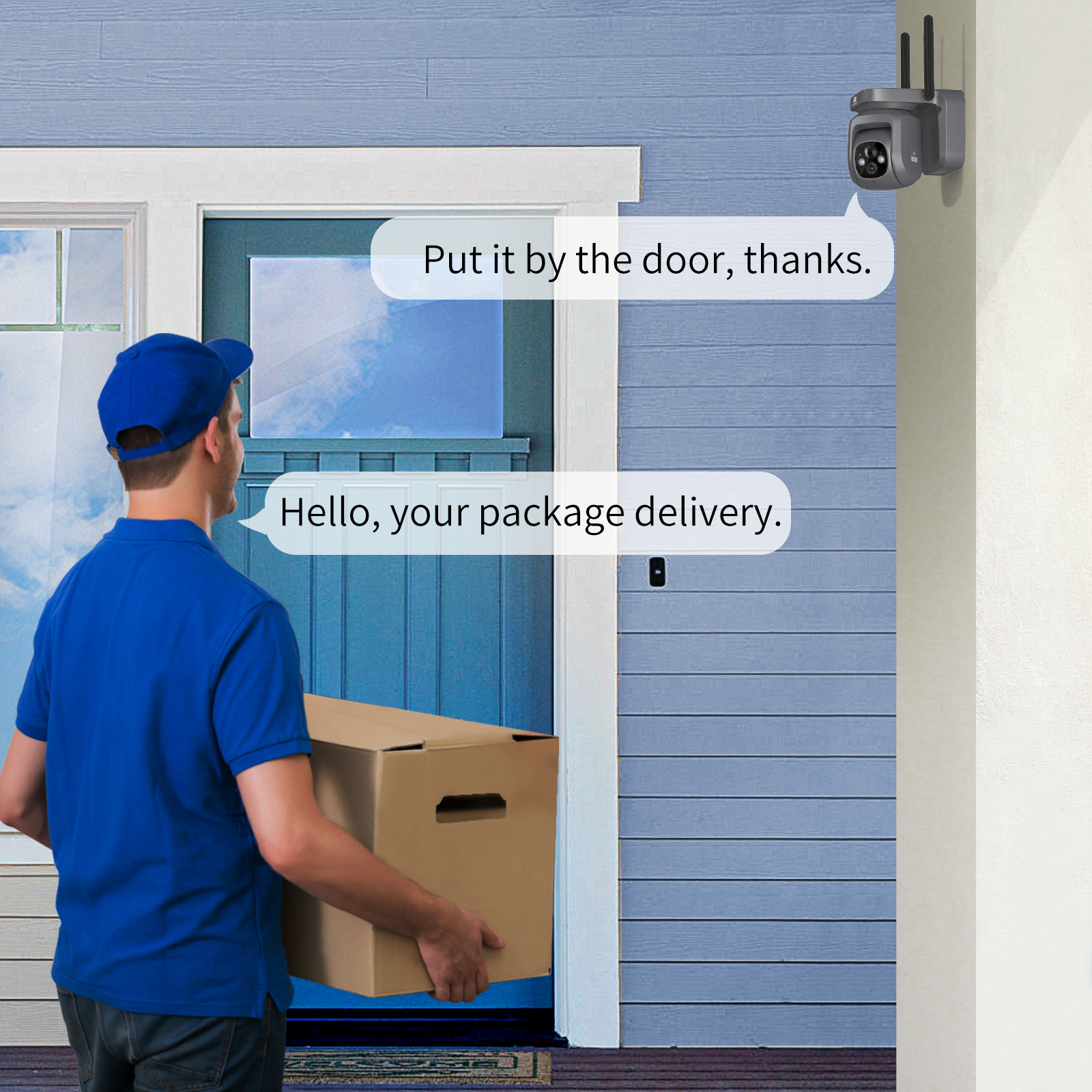 Zusteller mit Paket, spricht mit Kamera an blauem Haus. Sprechblasen sind zu sehen.