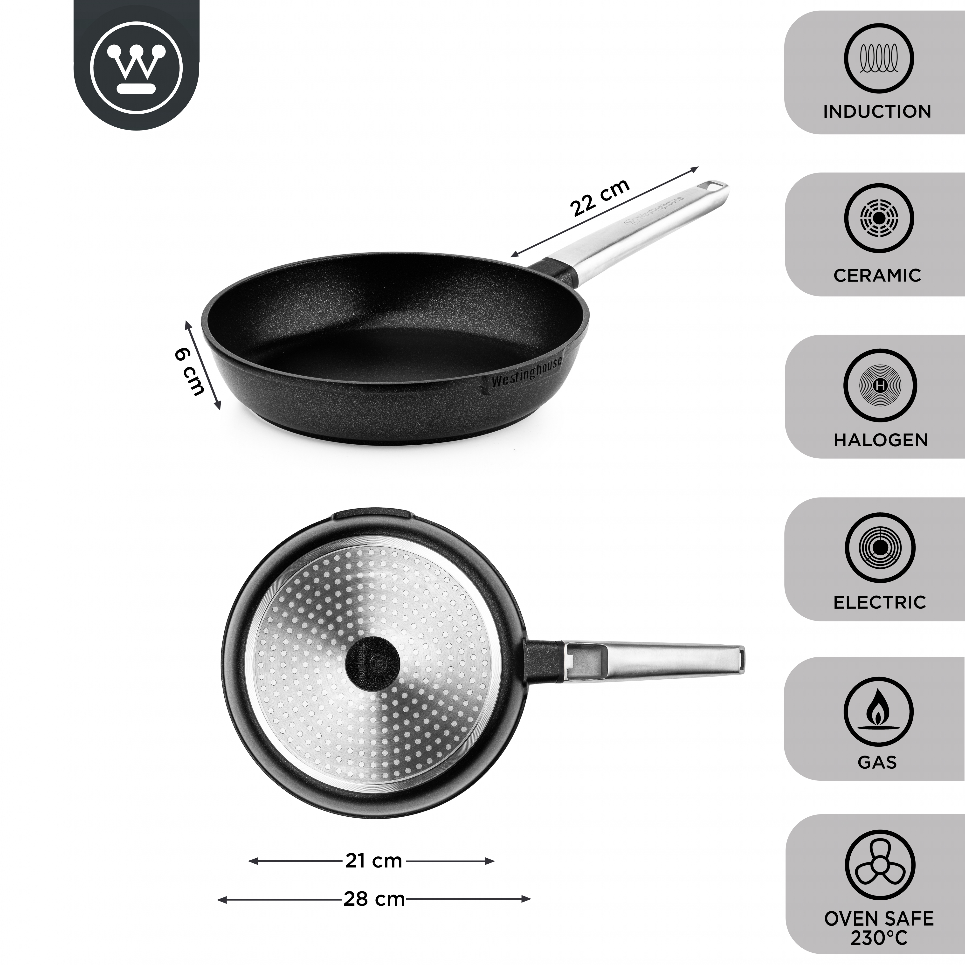 Eine schwarze Bratpfanne mit silbernem Griff, neben Diagrammen. Es zeigt Abmessungen und Kochfeldkompatibilität.